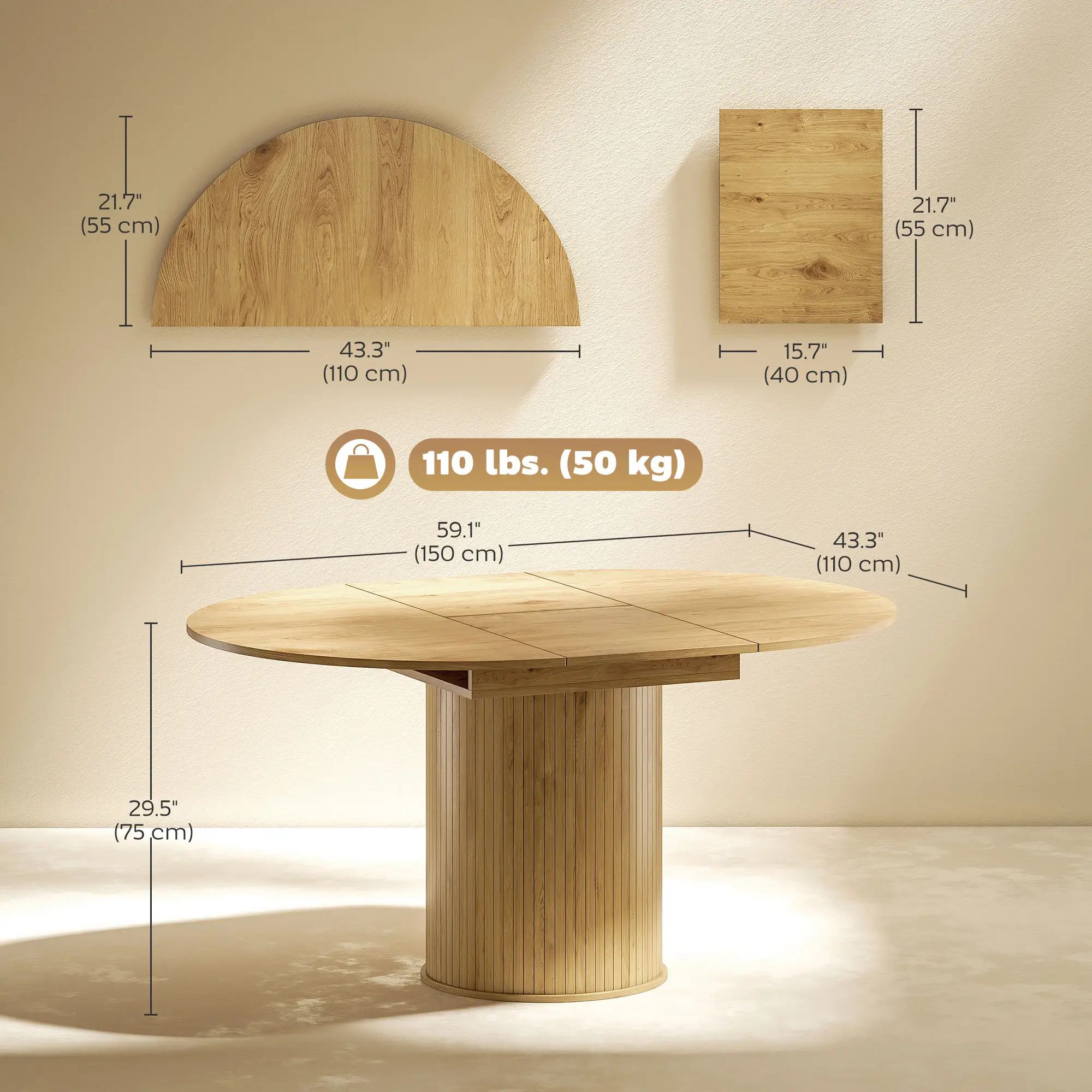 Extendable Kitchen Table, 43.5"-59", Natural Wood Finish, Natural Wood - Image 3