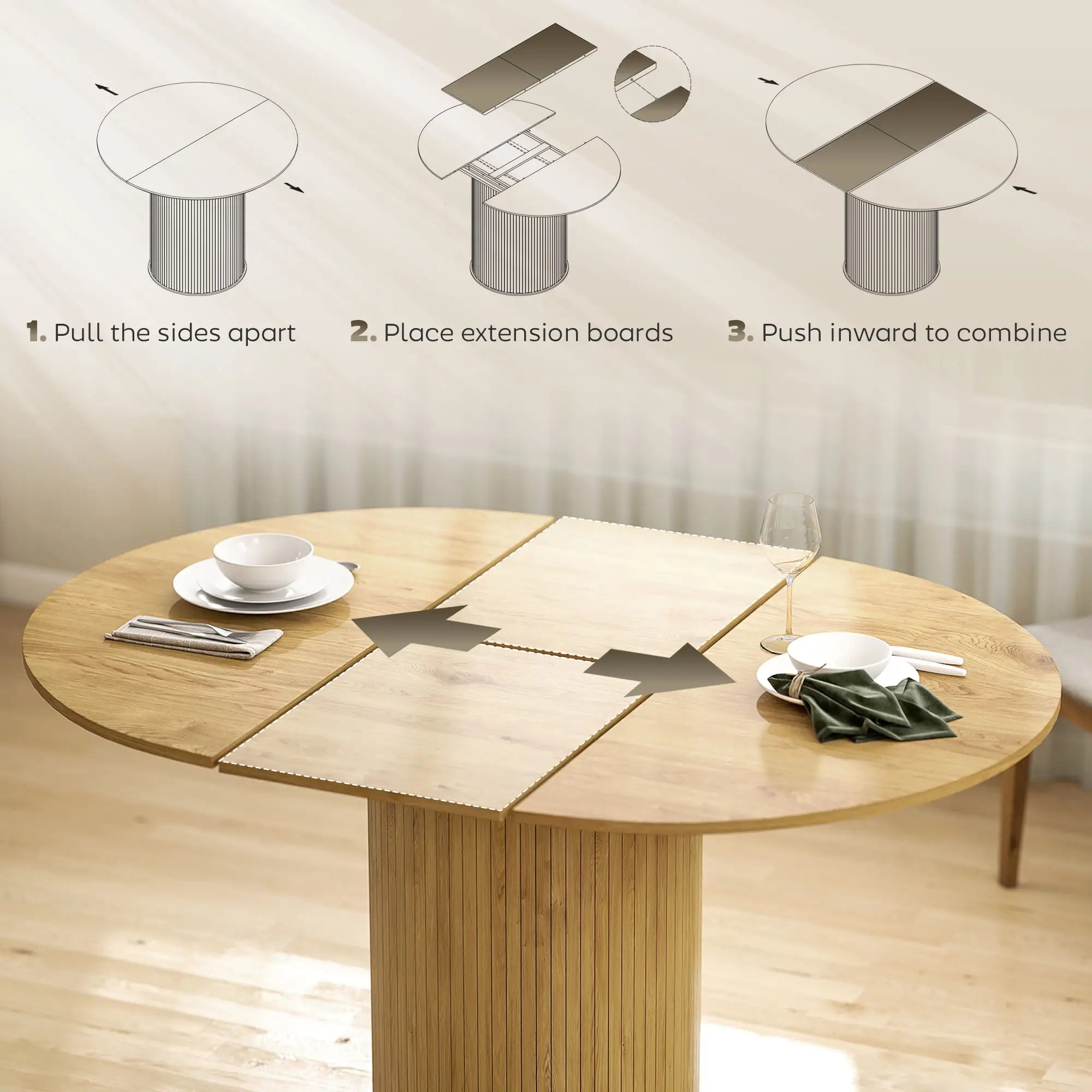 Extendable Kitchen Table, 43.5"-59", Natural Wood Finish, Natural Wood - Image 5