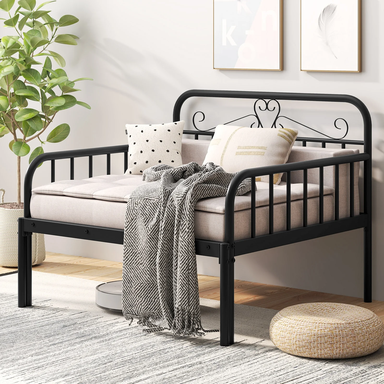 Extendable Metal Daybed To Twin Size, With Guardrails And Armrests, Black - Image 3