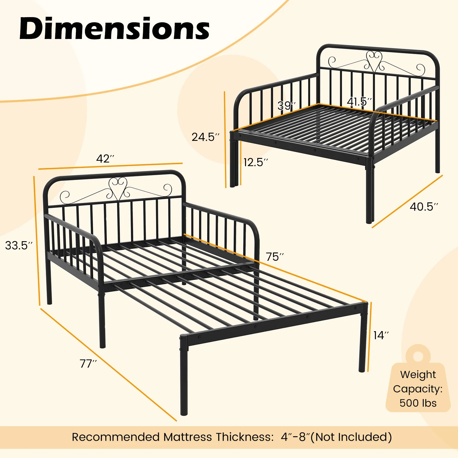 Extendable Metal Daybed To Twin Size, With Guardrails And Armrests, Black - Image 6