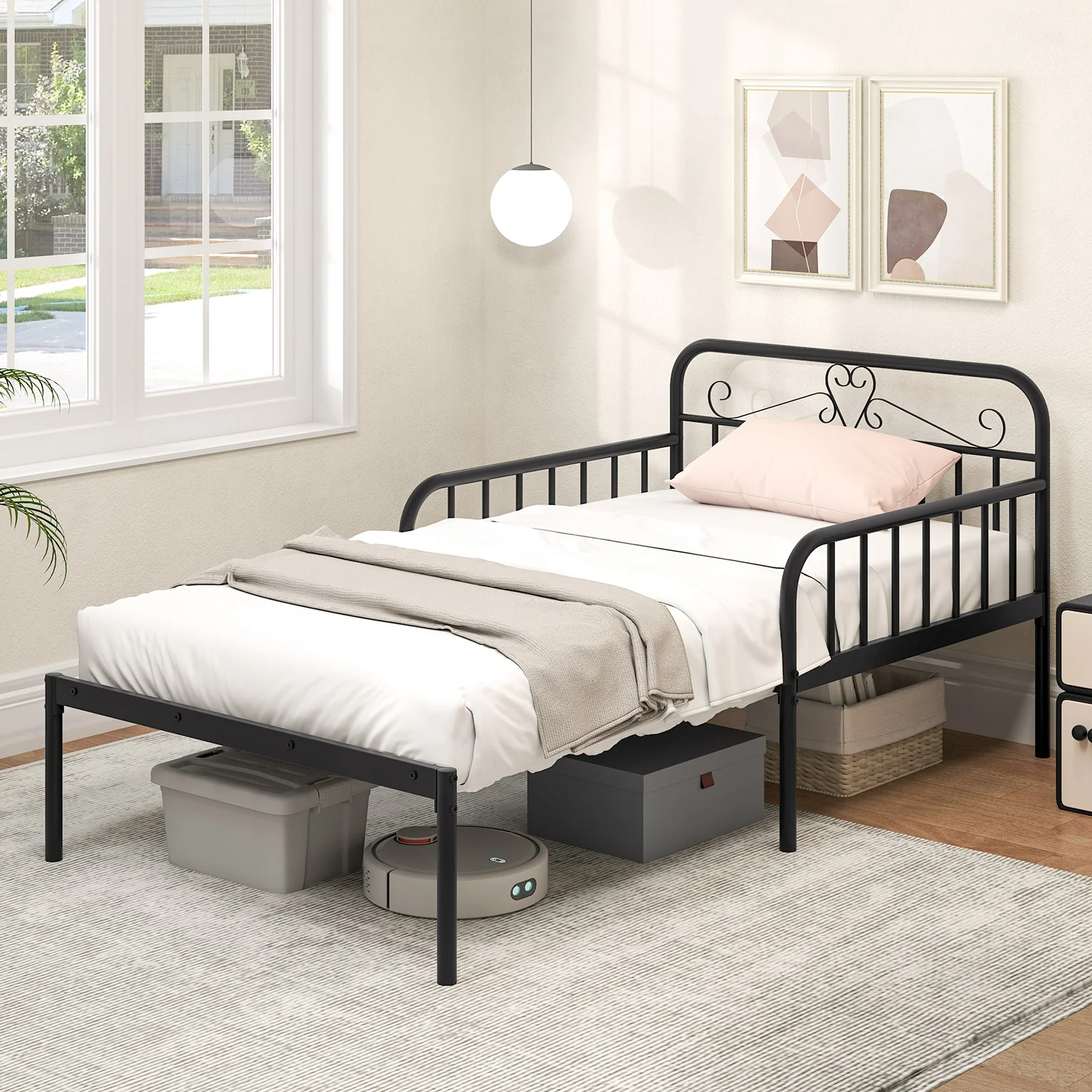 Extendable Metal Daybed To Twin Size, With Guardrails And Armrests, Black - Image 7
