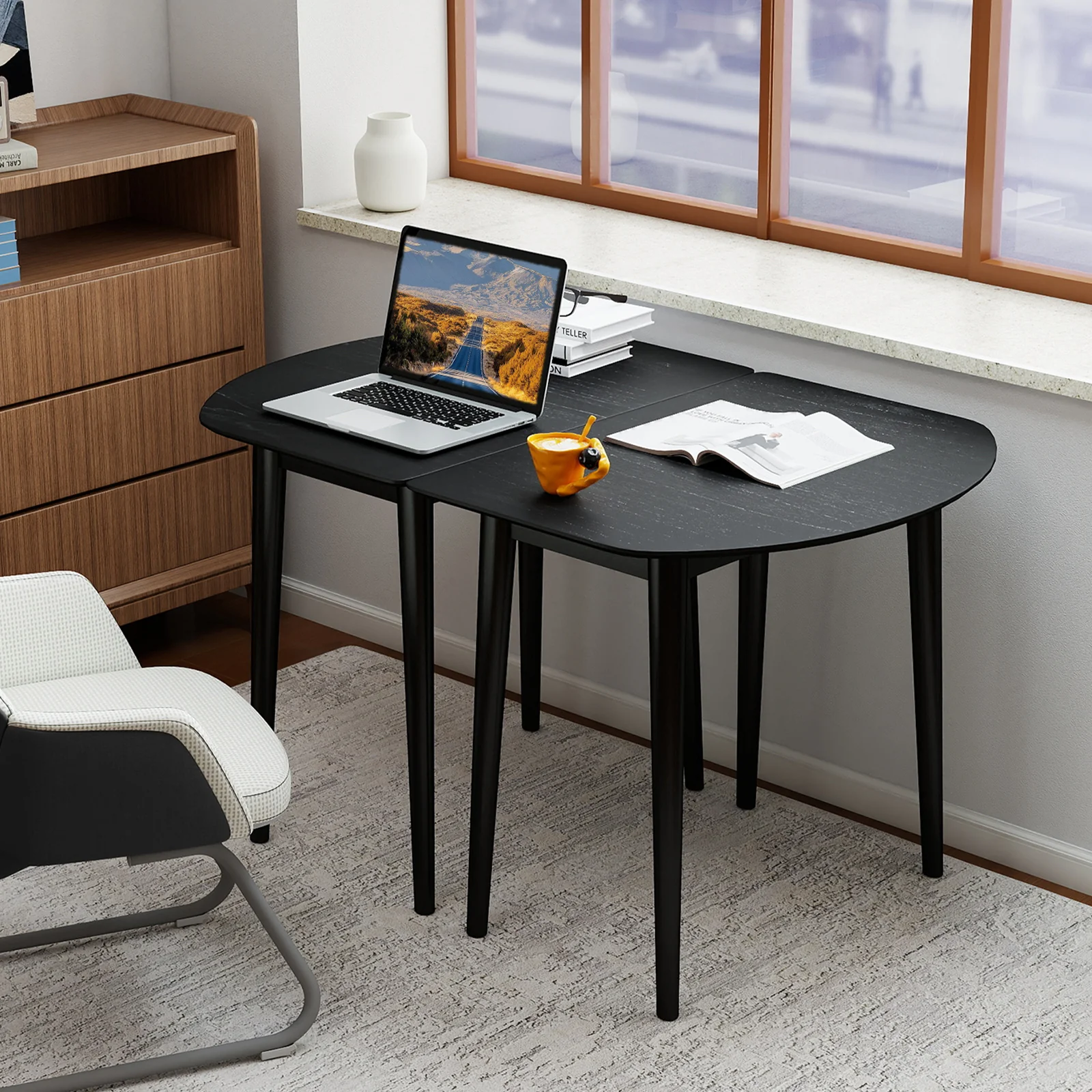 Extendable Oval Dining Table Set, 2 Half-Round Tables, Black - Image 2