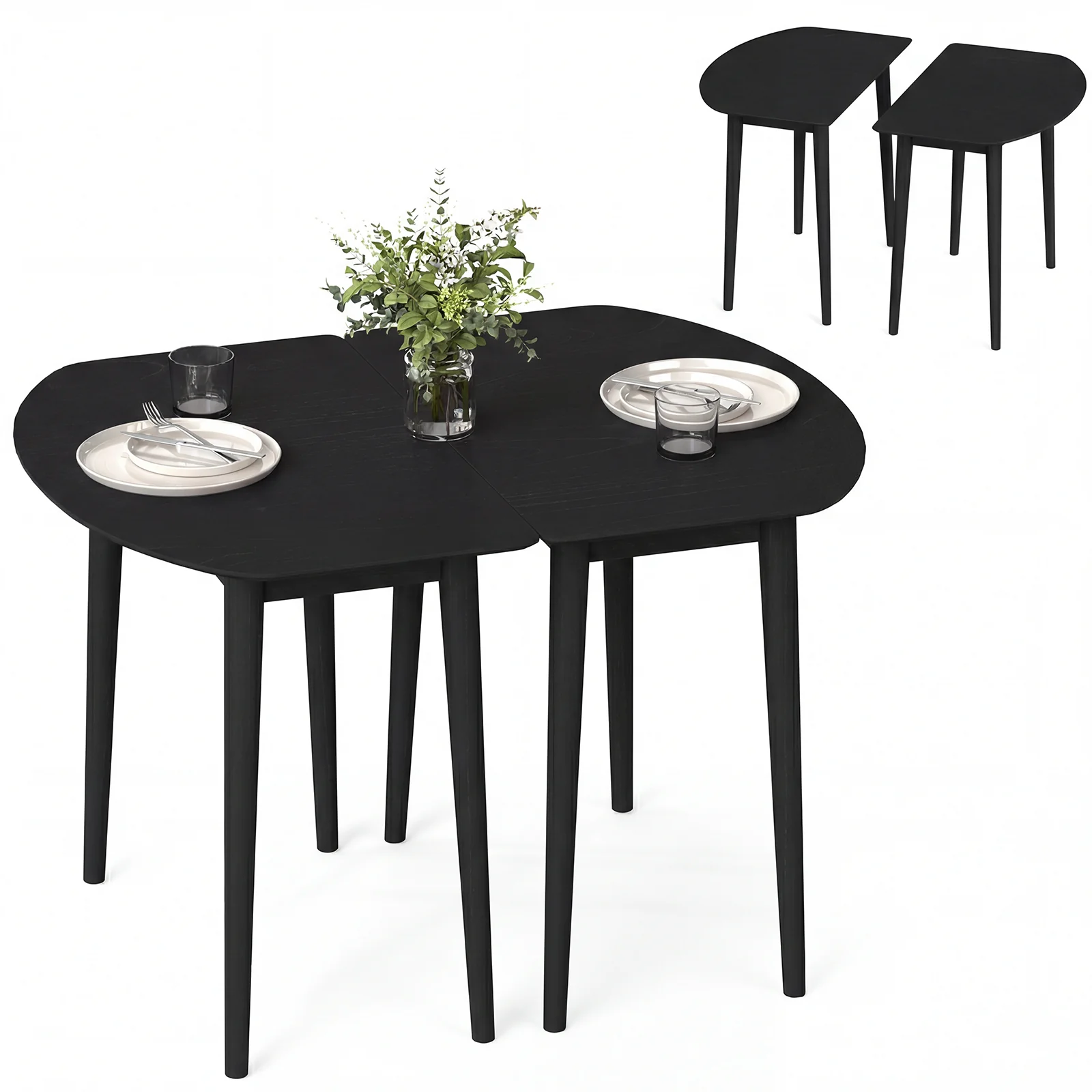 Extendable Oval Dining Table Set, 2 Half-Round Tables, Black - Image 3