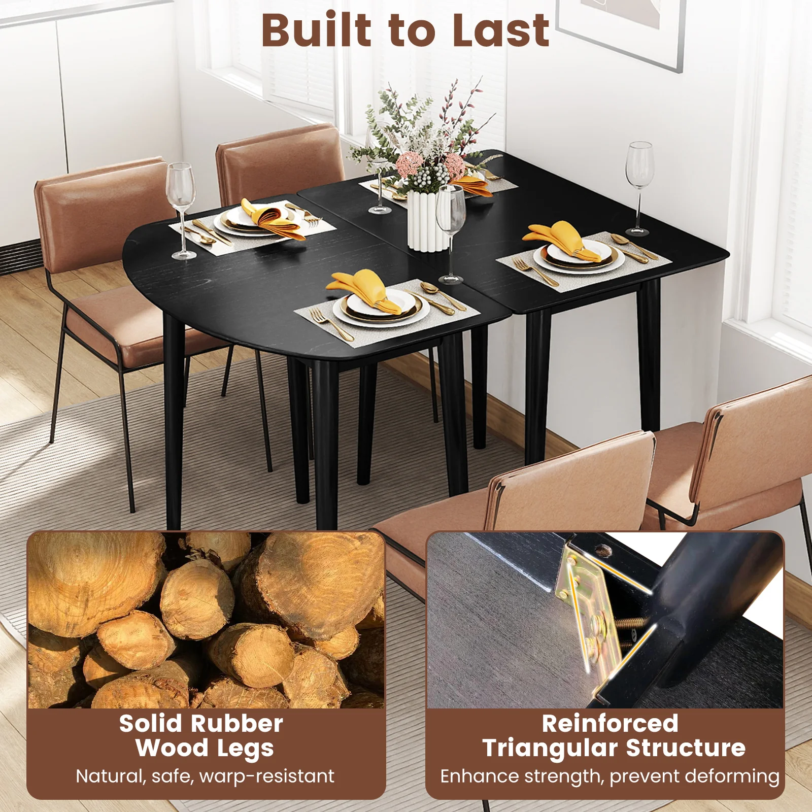 Extendable Oval Dining Table Set, 2 Half-Round Tables, Black - Image 5