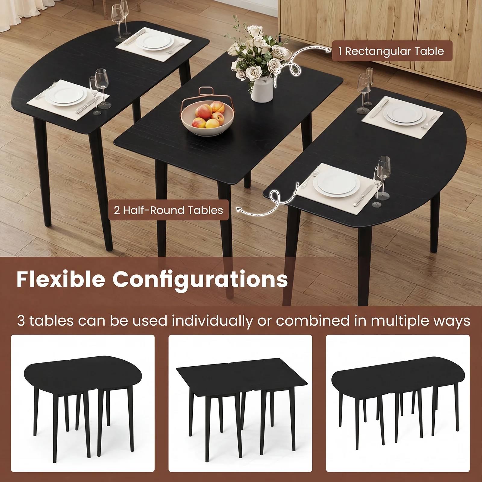 Extendable Oval Dining Table Set, 2 Half-Round Tables, Black - Image 6