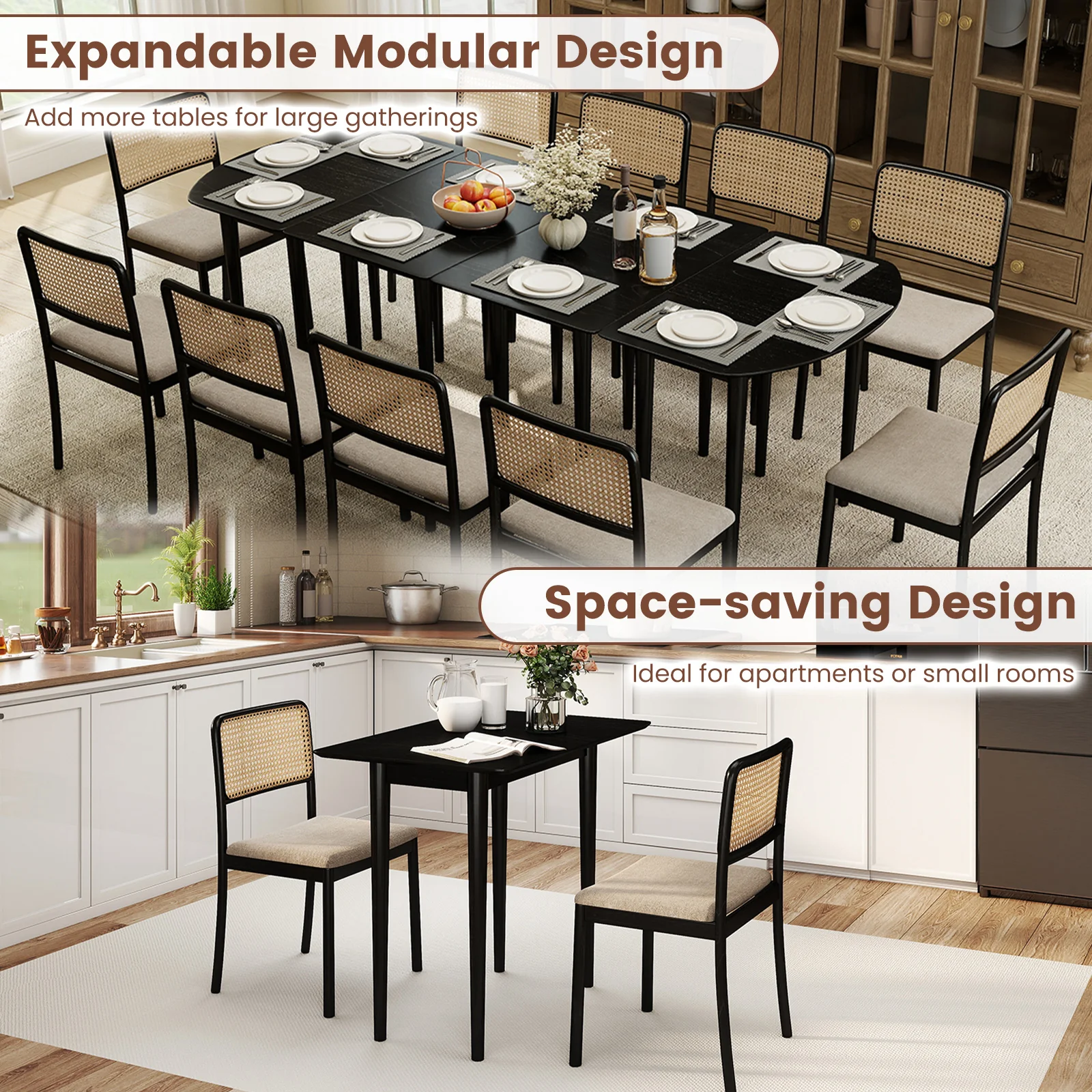 Extendable Oval Dining Table Set, 2 Half-Round Tables, Black - Image 7
