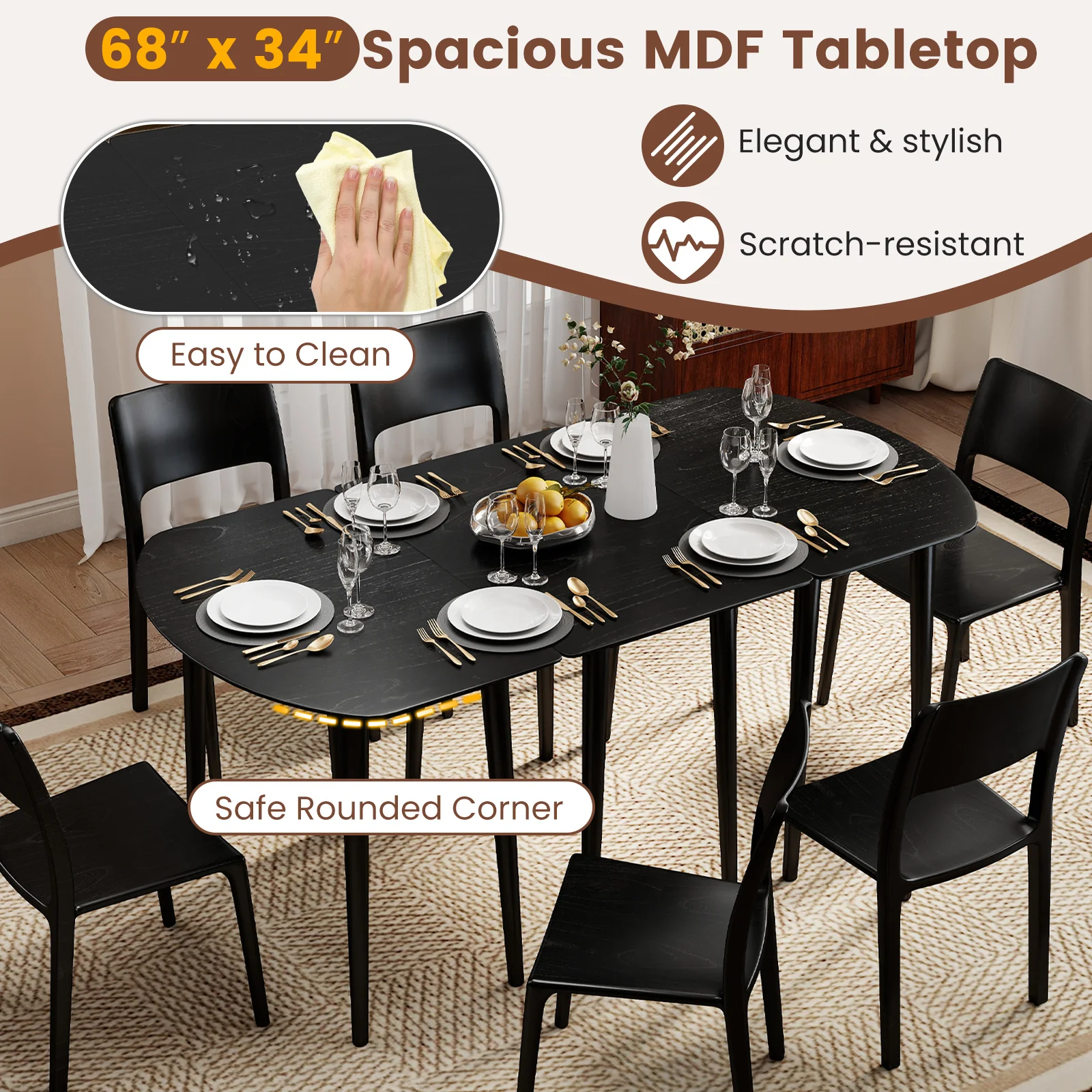 Extendable Oval Dining Table Set, 2 Half-Round Tables, Black - Image 8