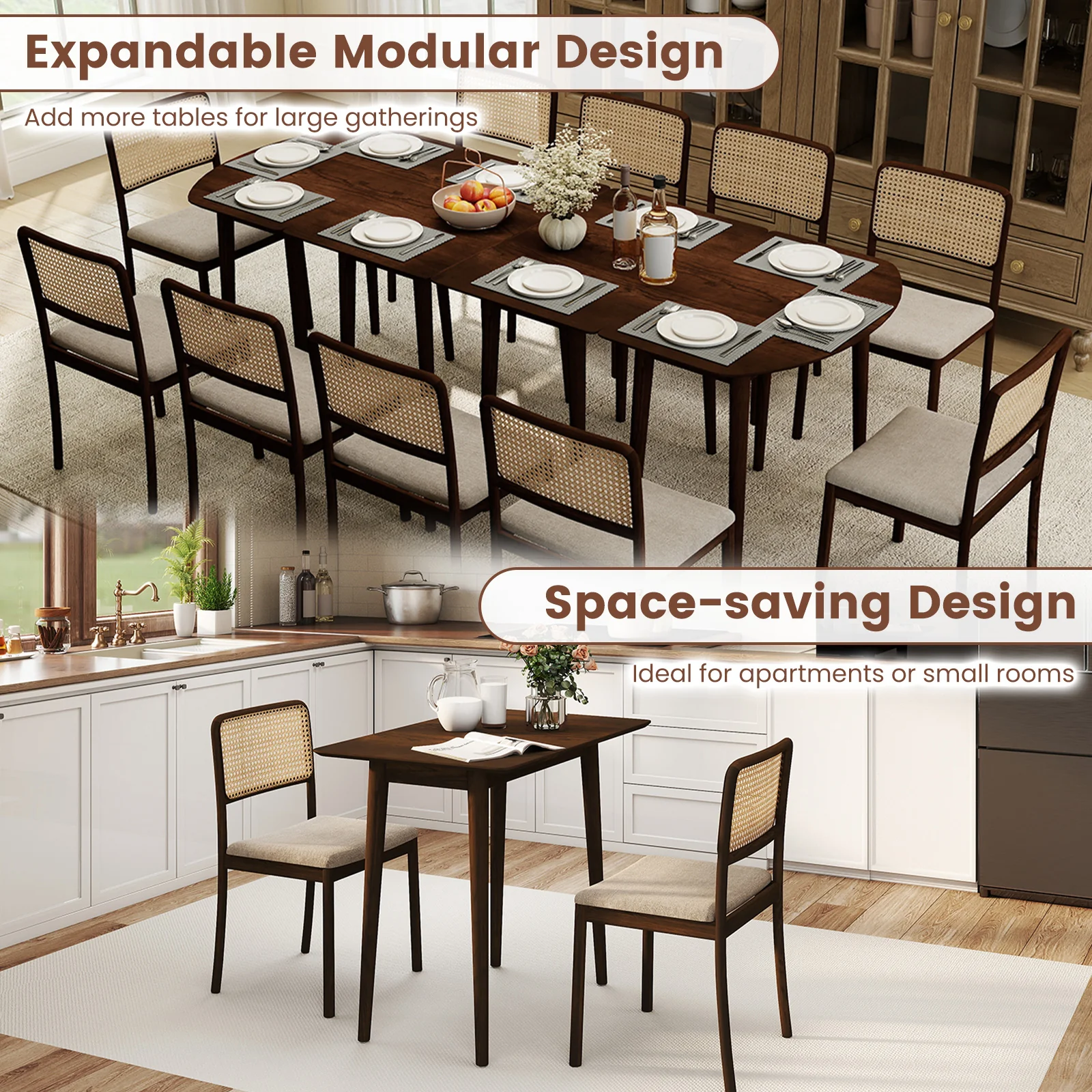 Extendable Oval Dining Table Set, 2 Half-Round Tables, Walnut - Image 7