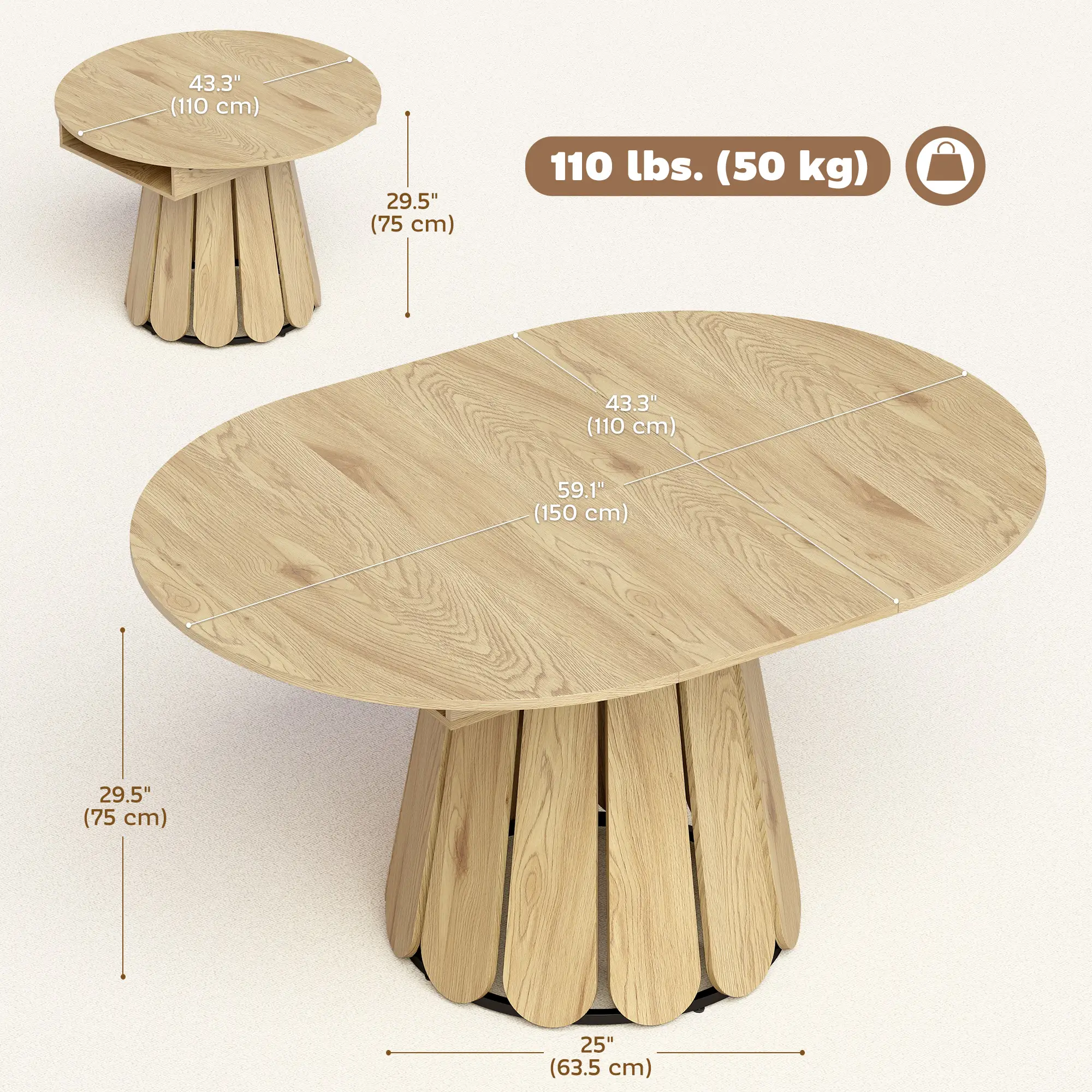 Extendable Round To Oval Dining Table With Storage Shelf, Natural - Image 3