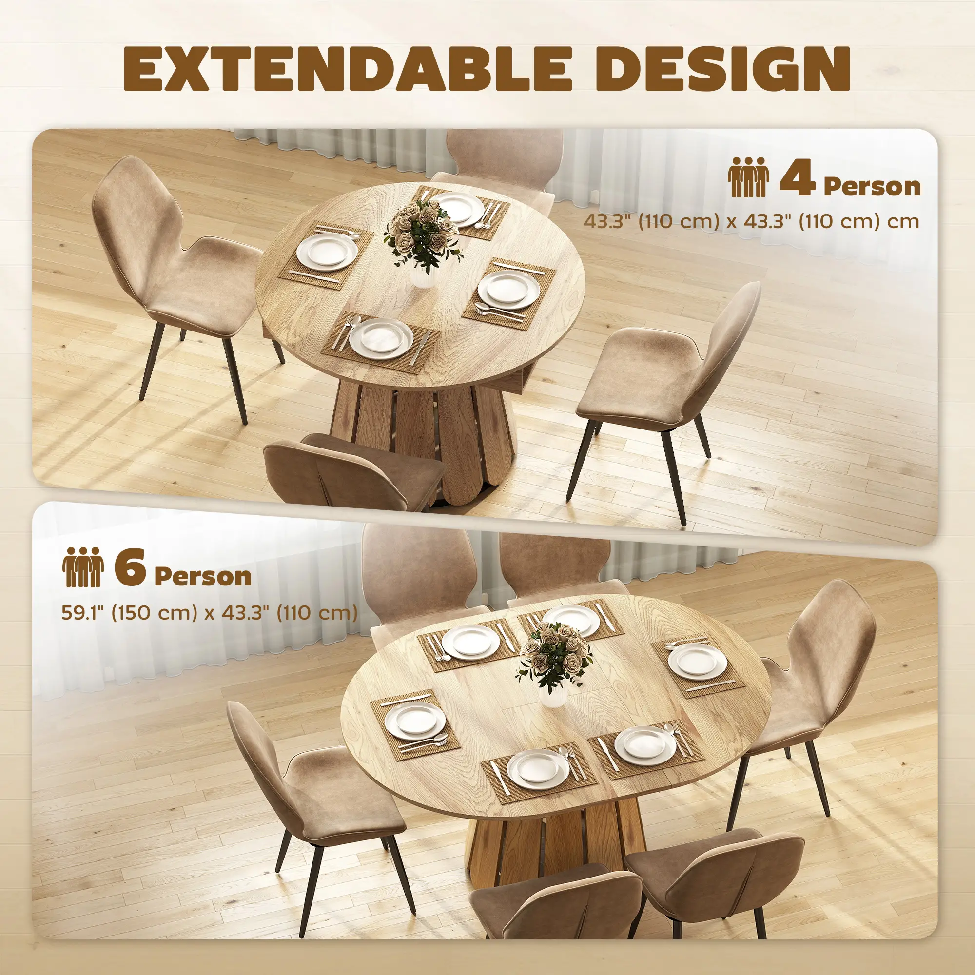 Extendable Round To Oval Dining Table With Storage Shelf, Natural - Image 4