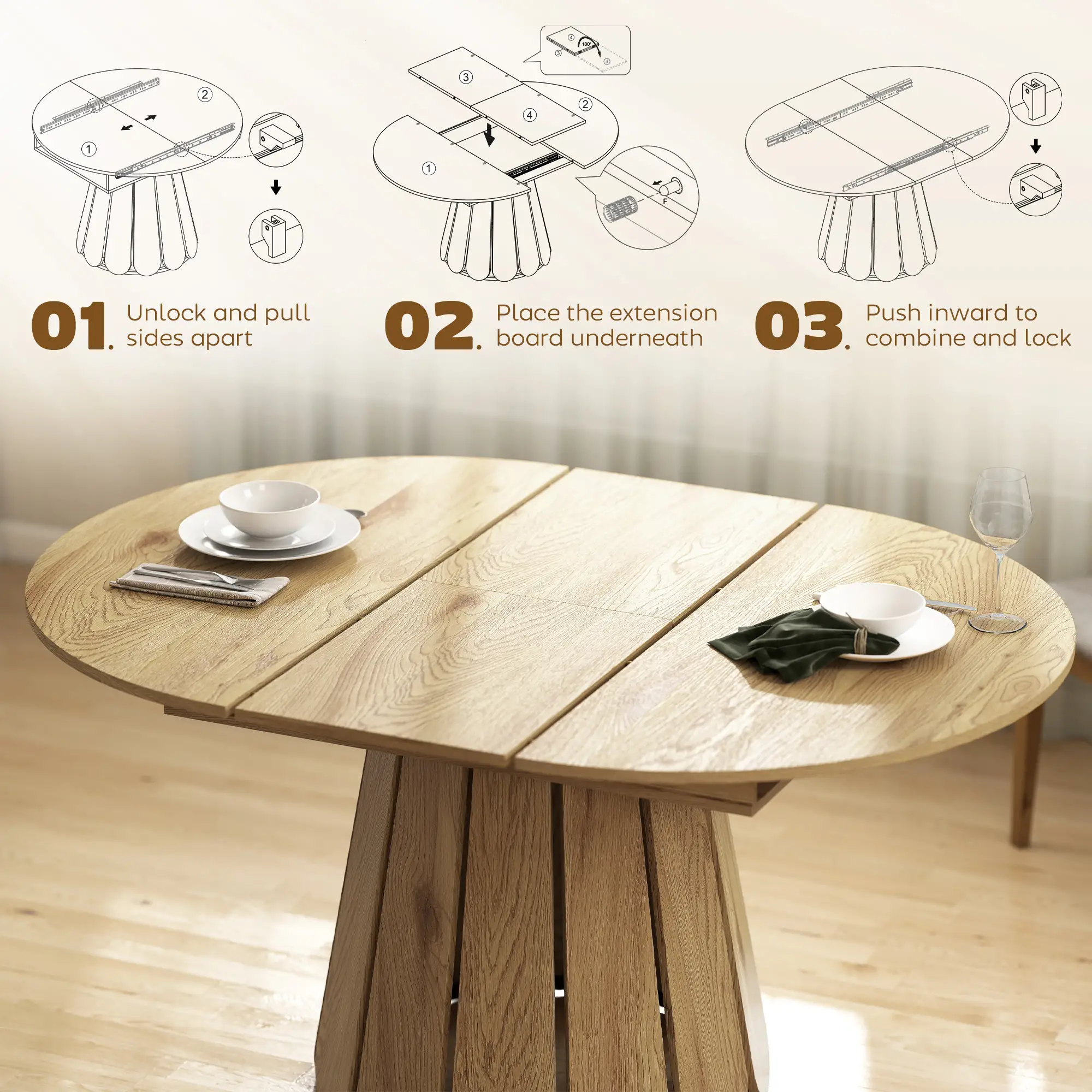 Extendable Round To Oval Dining Table With Storage Shelf, Natural - Image 5