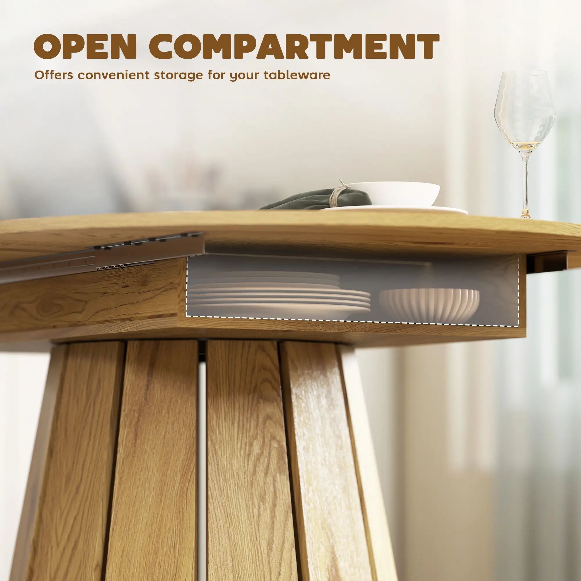 Extendable Round To Oval Dining Table With Storage Shelf, Natural - Image 6