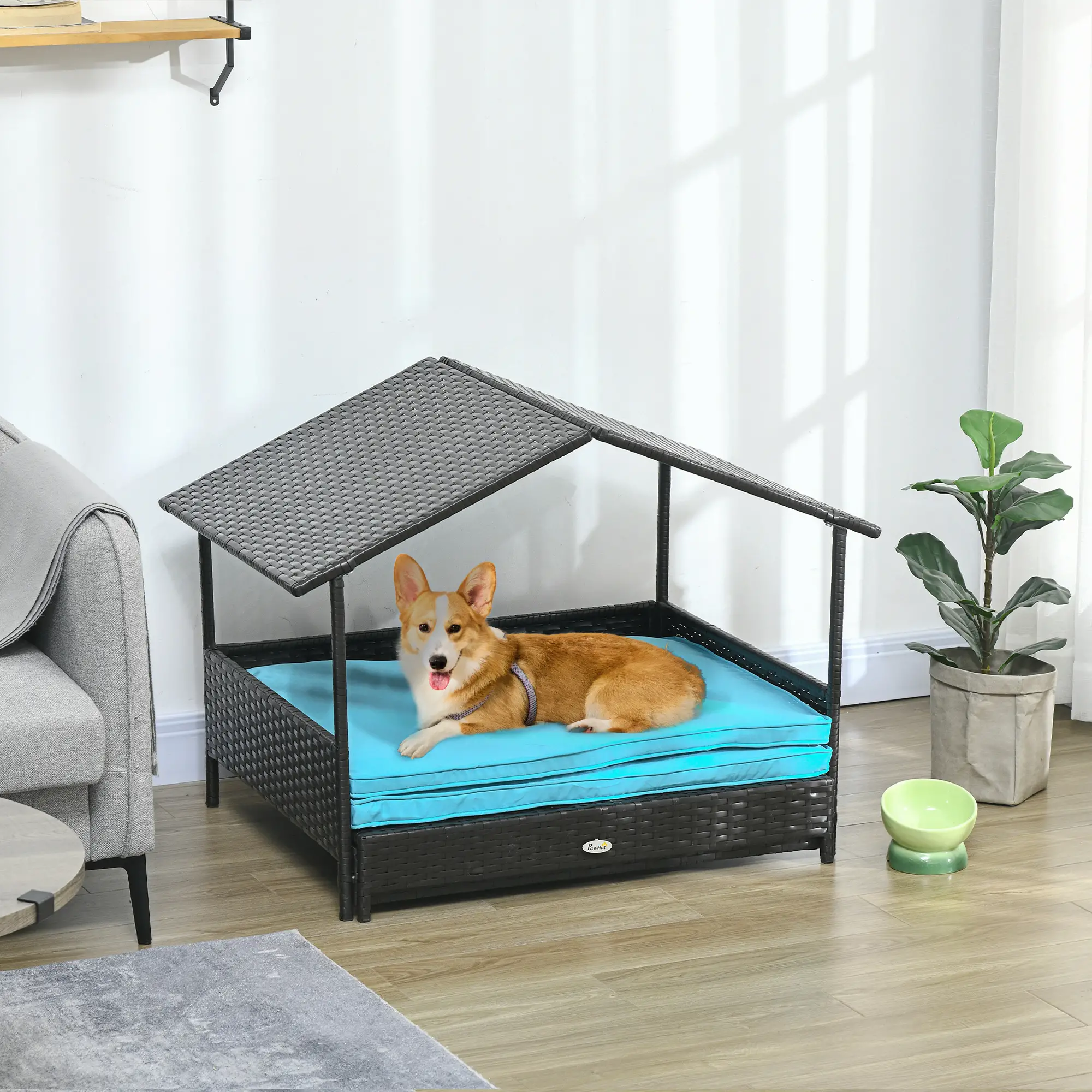 Extendable Wicker Dog Bed, Soft Cushion Washable Cover, Small Medium Dogs, Blue - Image 8