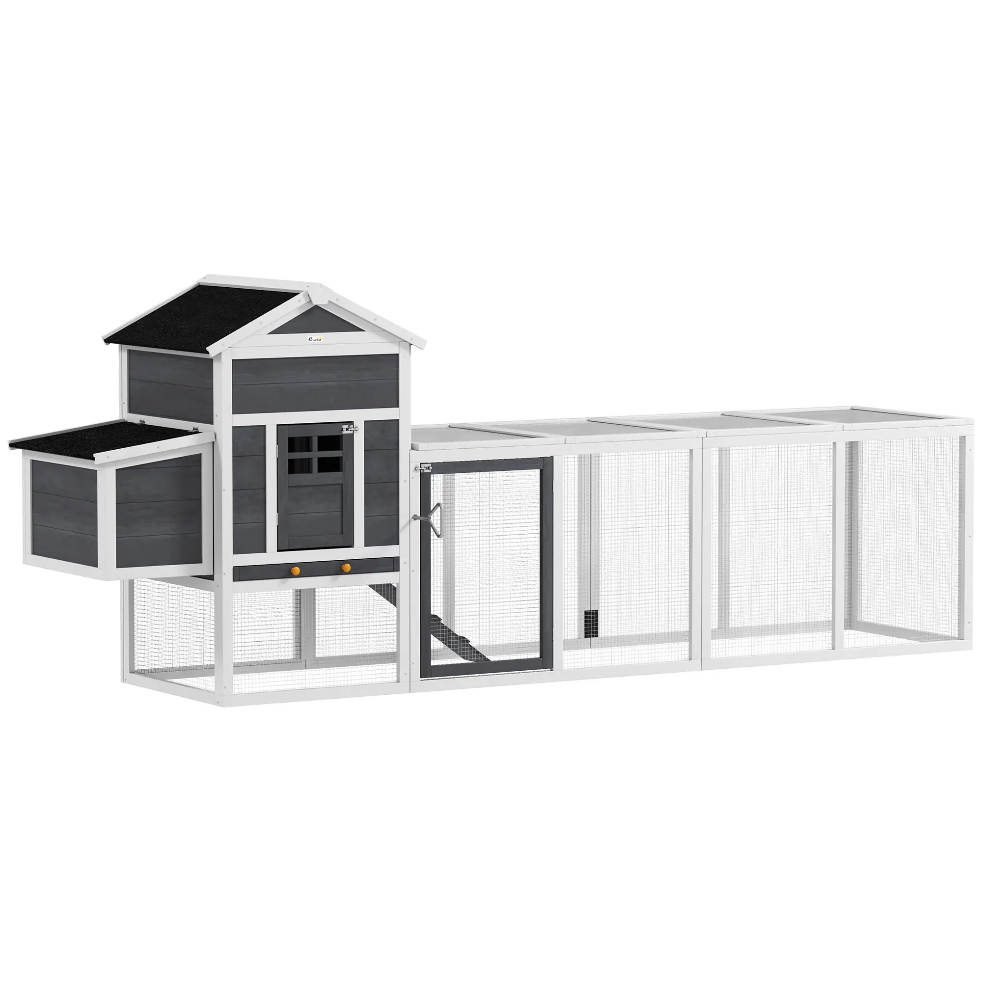 Extra Large Chicken Coop, 117", Asphalt Roof, Slide-out Tray, Nesting Box, Grey