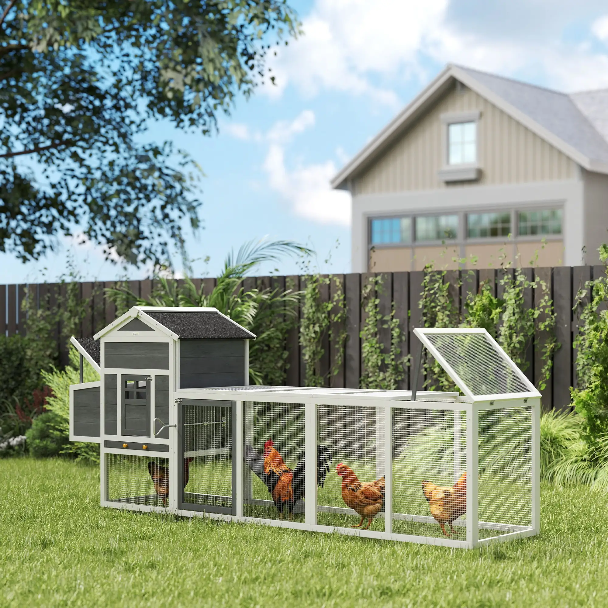 Extra Large Chicken Coop, 117", Asphalt Roof, Slide-out Tray, Nesting Box, Grey - Image 2