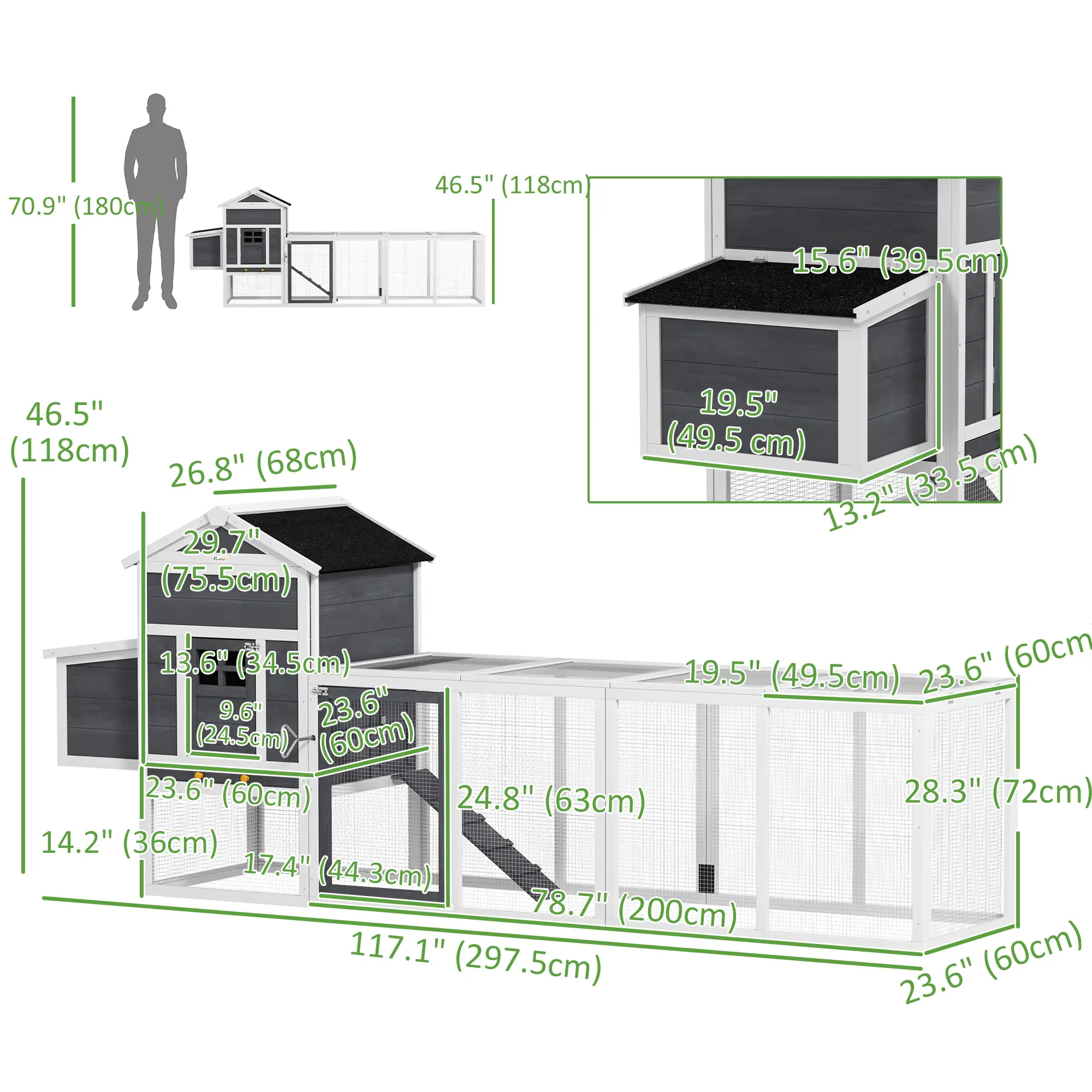 Extra Large Chicken Coop, 117", Asphalt Roof, Slide-out Tray, Nesting Box, Grey - Image 3