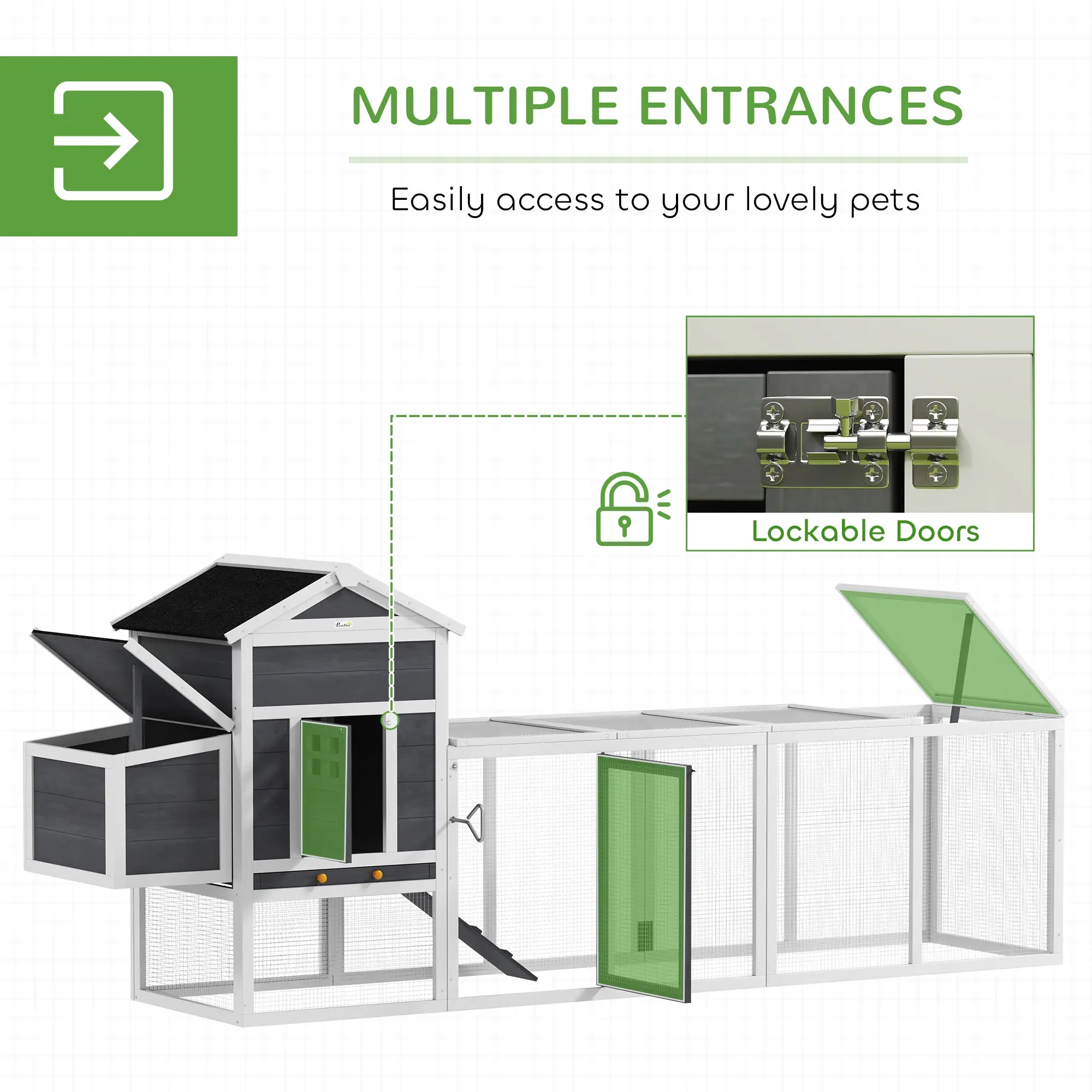 Extra Large Chicken Coop, 117", Asphalt Roof, Slide-out Tray, Nesting Box, Grey - Image 5