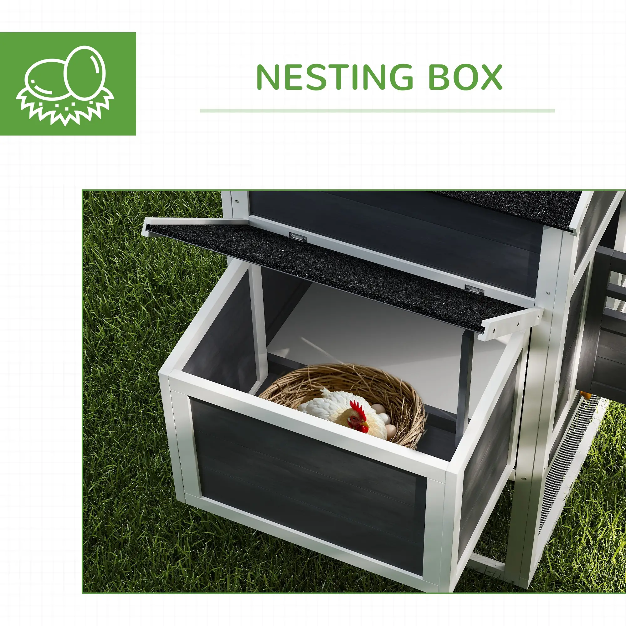 Extra Large Chicken Coop, 117", Asphalt Roof, Slide-out Tray, Nesting Box, Grey - Image 6