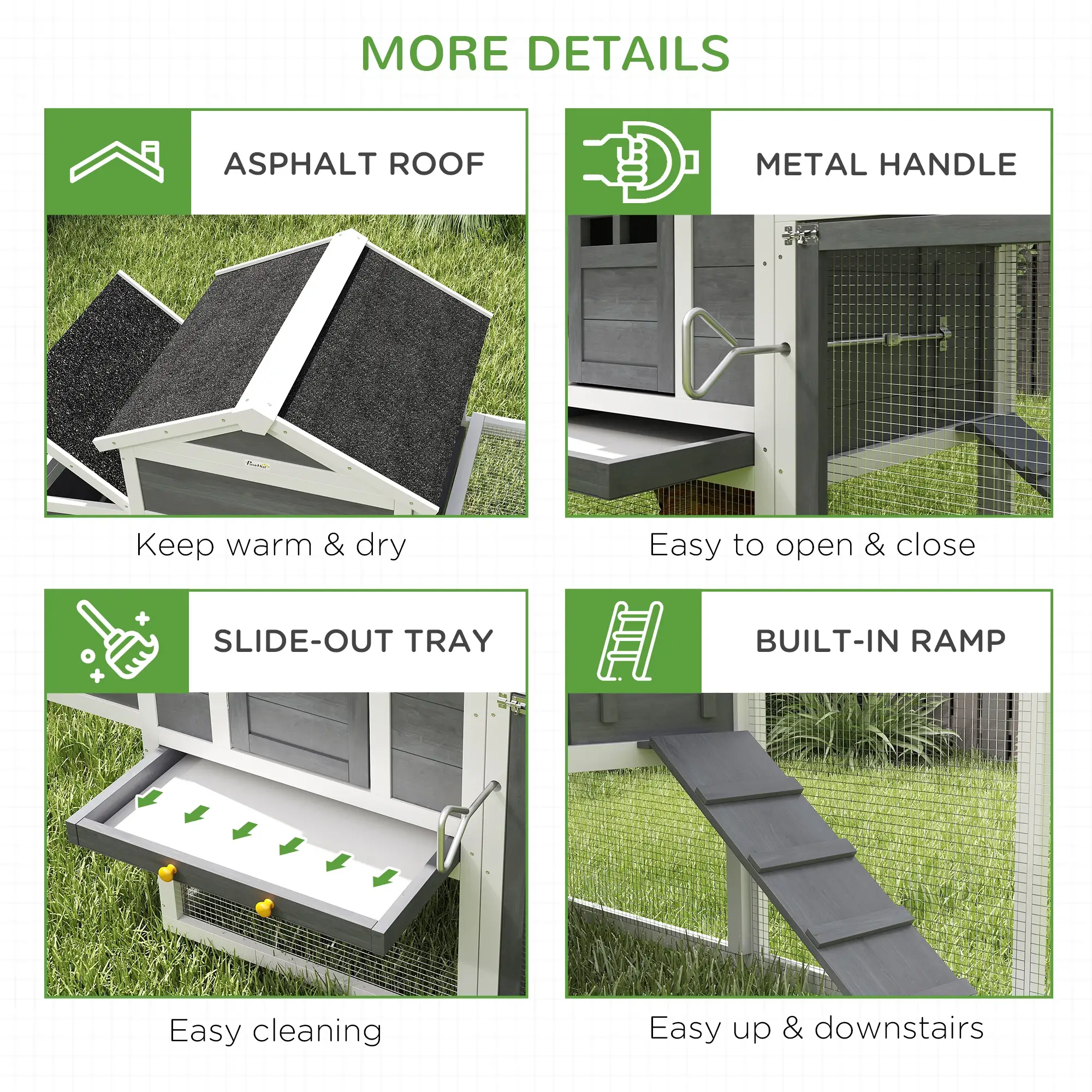 Extra Large Chicken Coop, 117", Asphalt Roof, Slide-out Tray, Nesting Box, Grey - Image 7