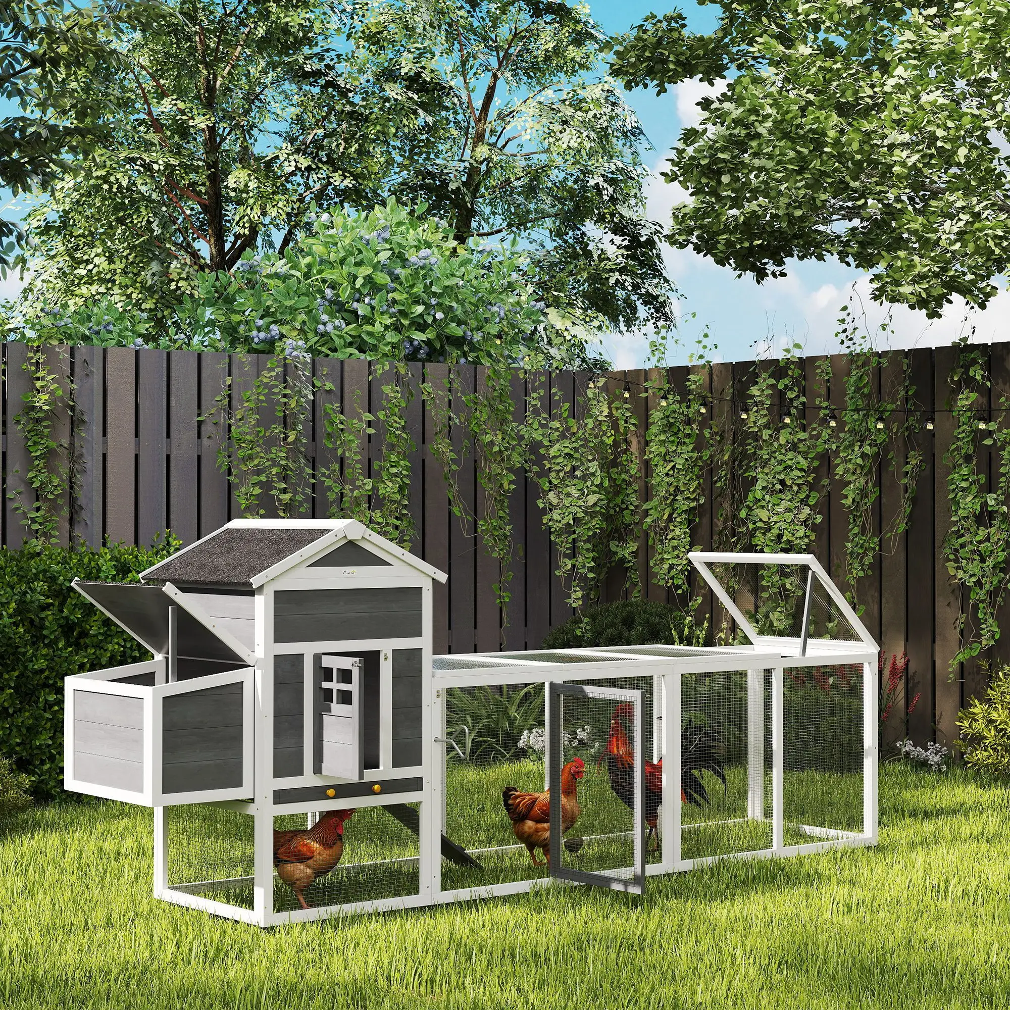 Extra Large Chicken Coop, 117", Asphalt Roof, Slide-out Tray, Nesting Box, Grey - Image 8