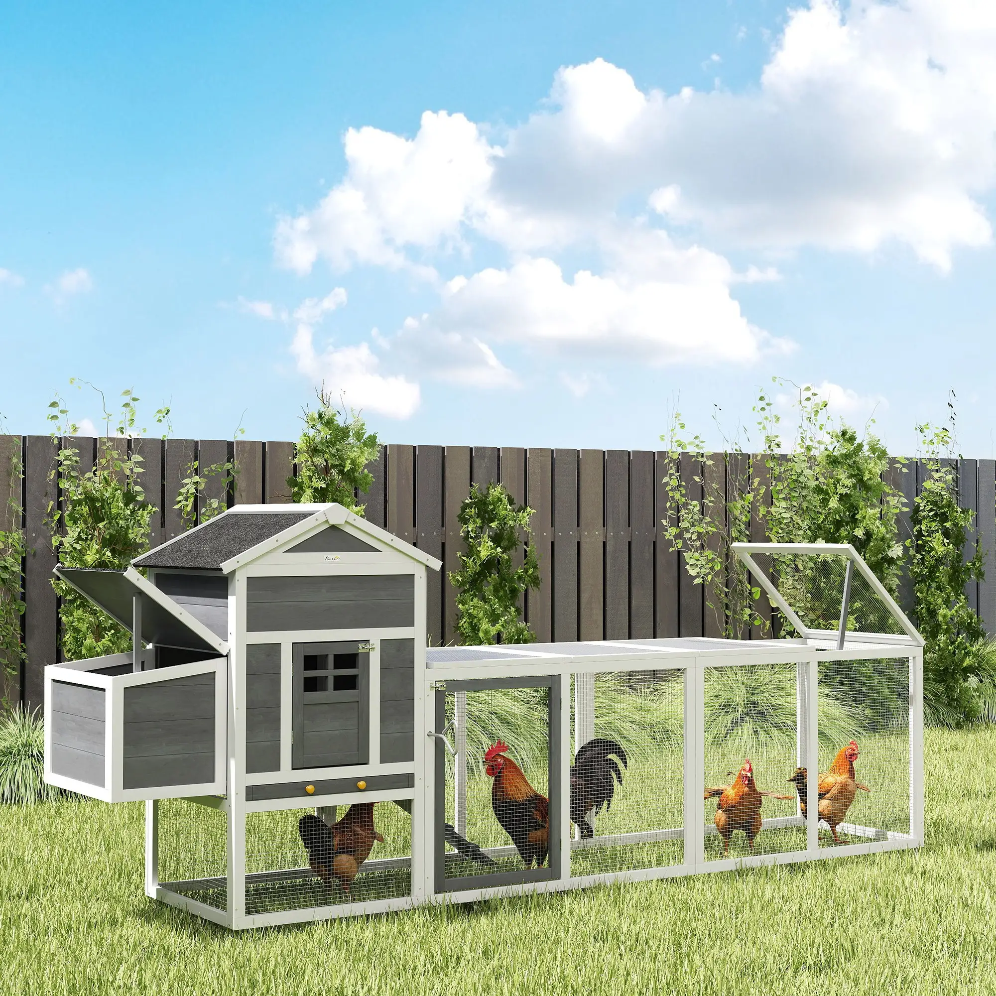 Extra Large Chicken Coop, 117", Asphalt Roof, Slide-out Tray, Nesting Box, Grey - Image 9