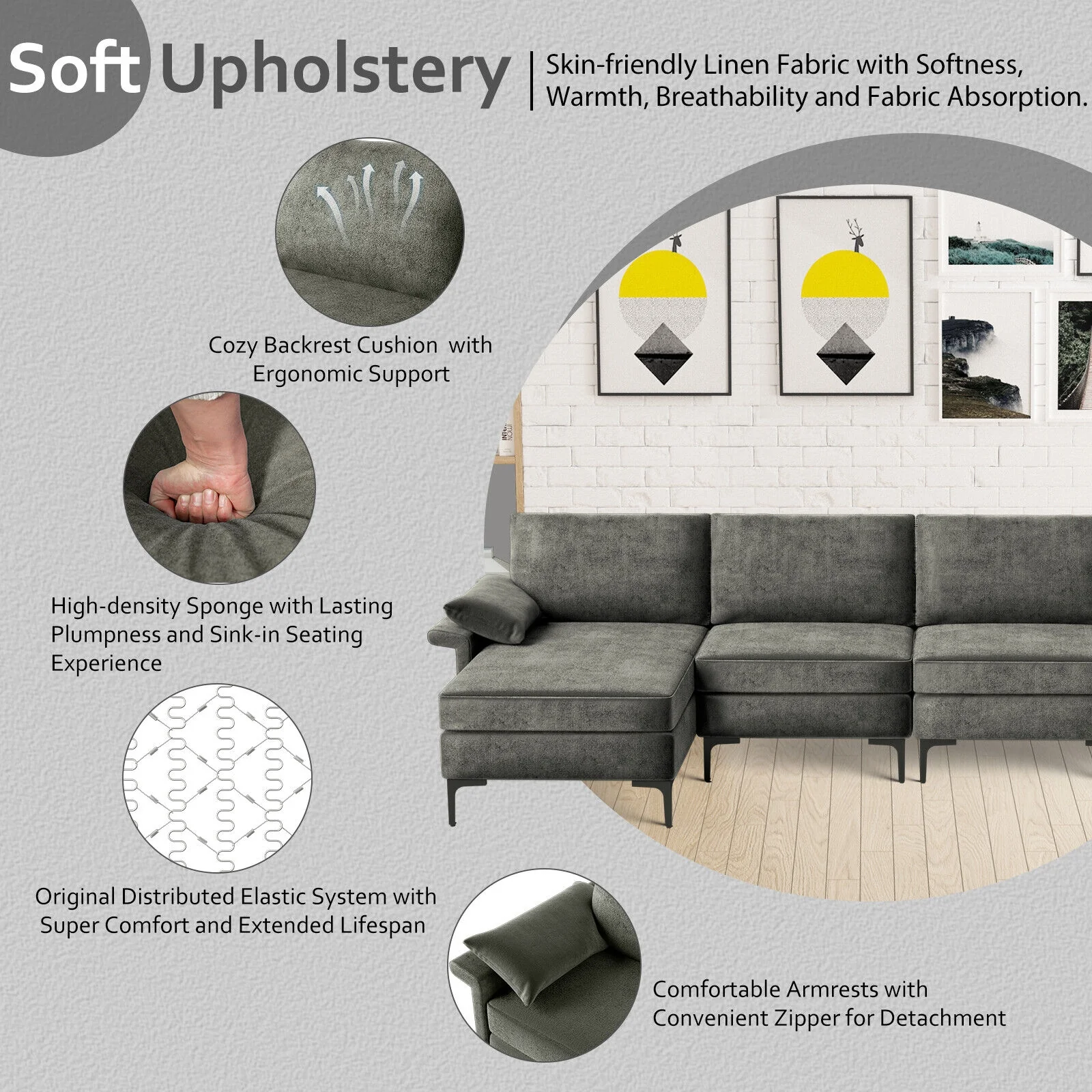 Extra Large L-Shaped Sectional Sofa, Reversible Chaise, 2 USB Ports, Gray - Image 10