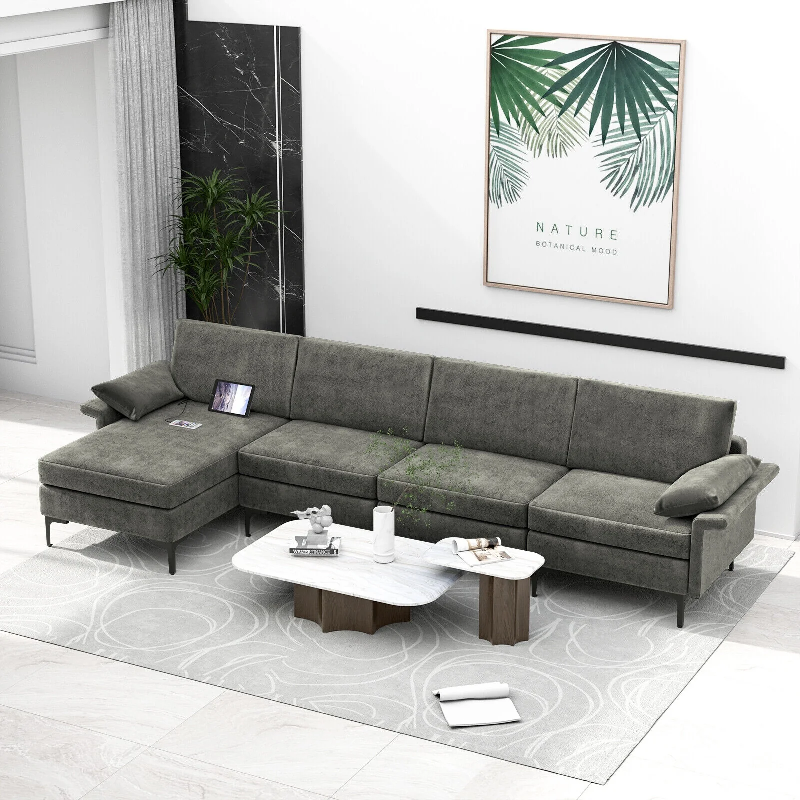 Extra Large L-Shaped Sectional Sofa, Reversible Chaise, 2 USB Ports, Gray - Image 3