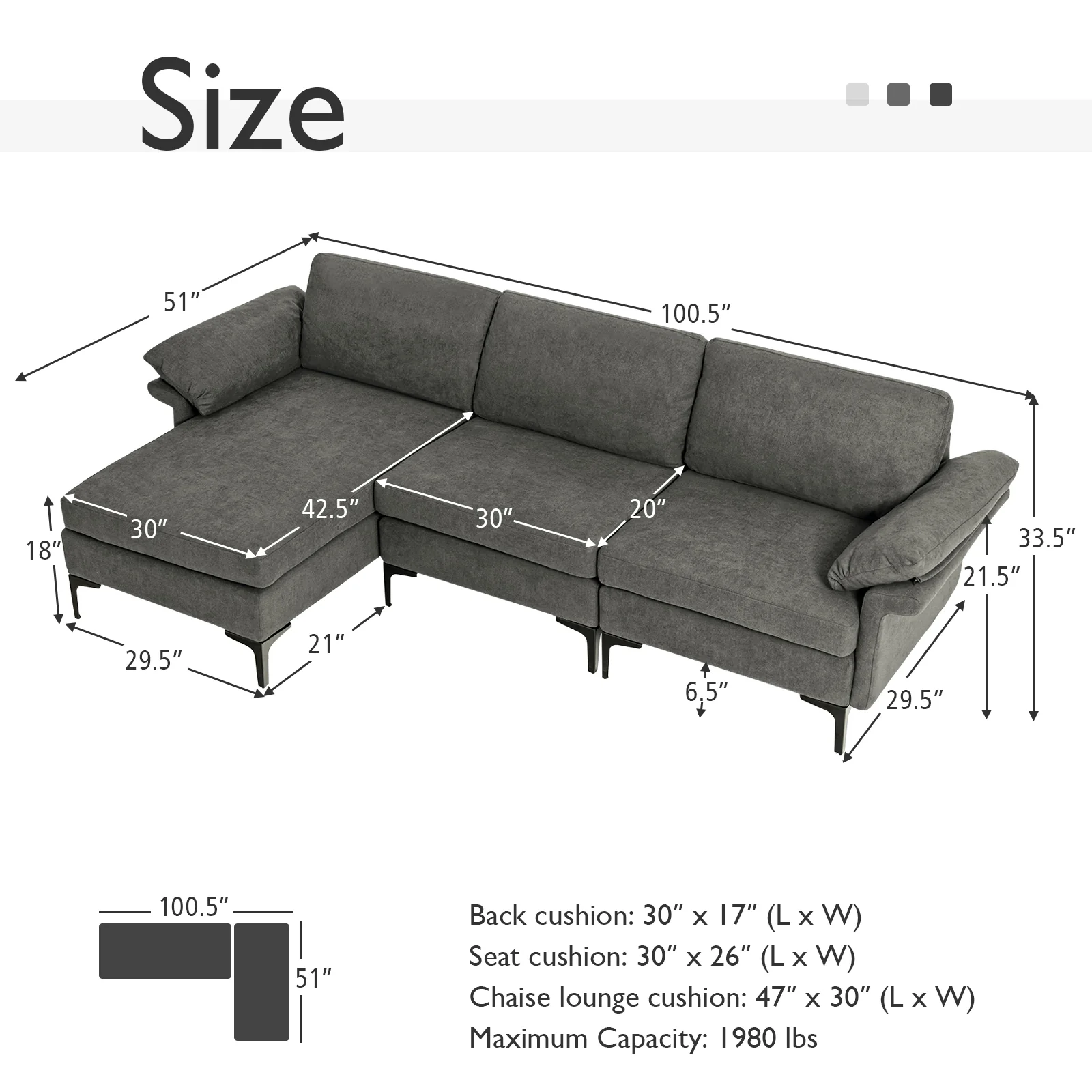 Extra Large Modular L-Shaped Sectional Sofa, For 4-5 People, Gray - Image 5
