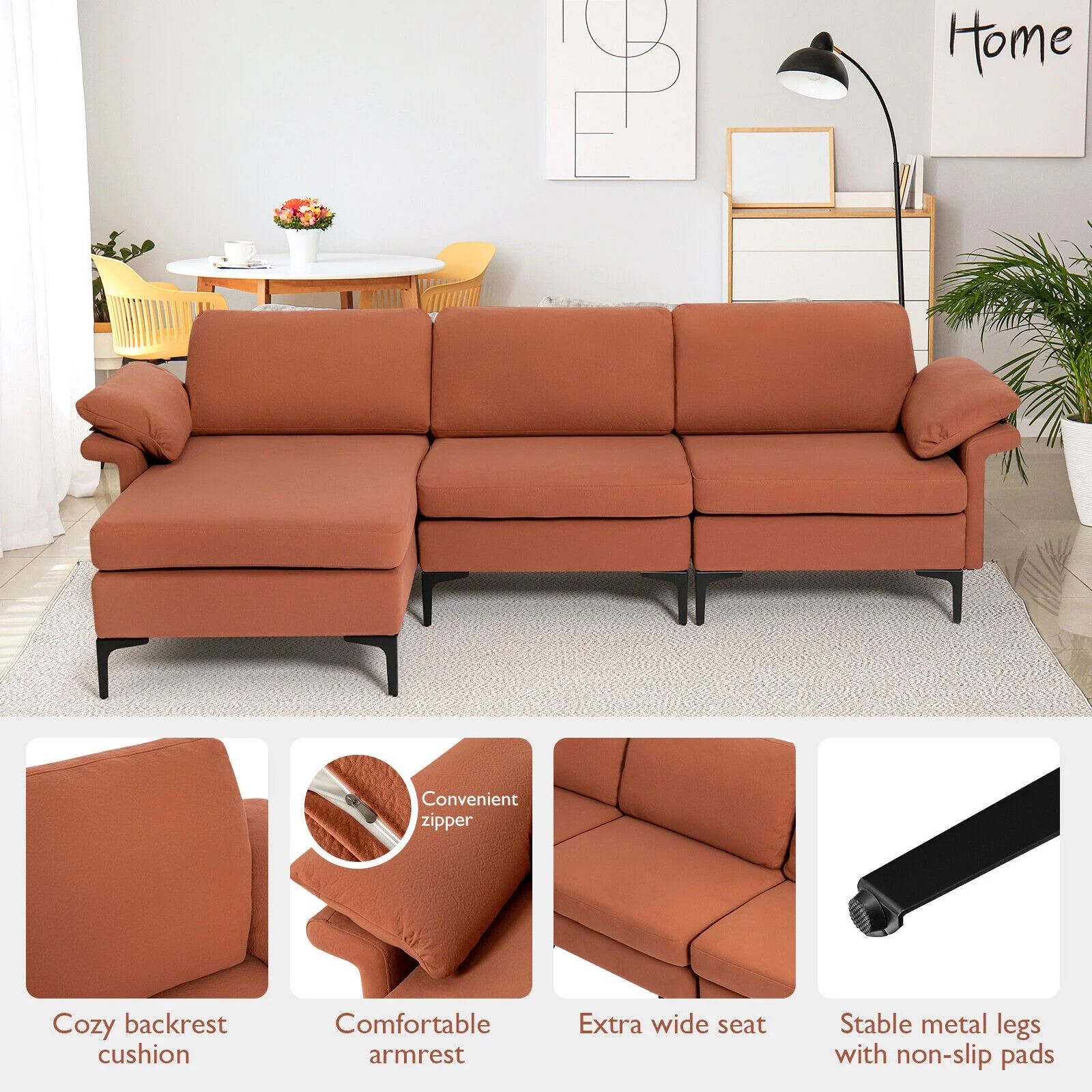 Extra Large Modular L-Shaped Sectional Sofa, Reversible Chaise, 4-5 People, Red - Image 4