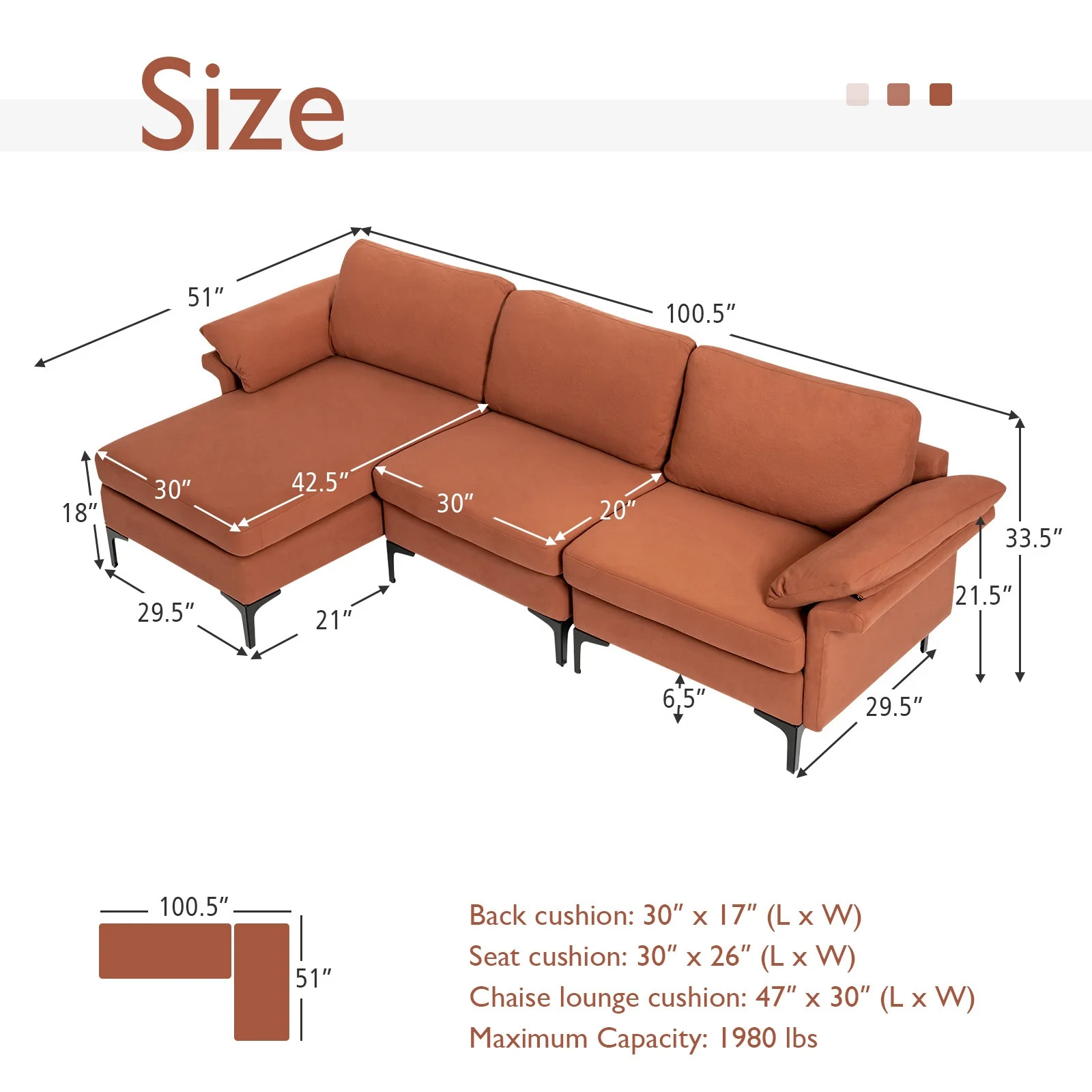 Extra Large Modular L-Shaped Sectional Sofa, Reversible Chaise, 4-5 People, Red - Image 5