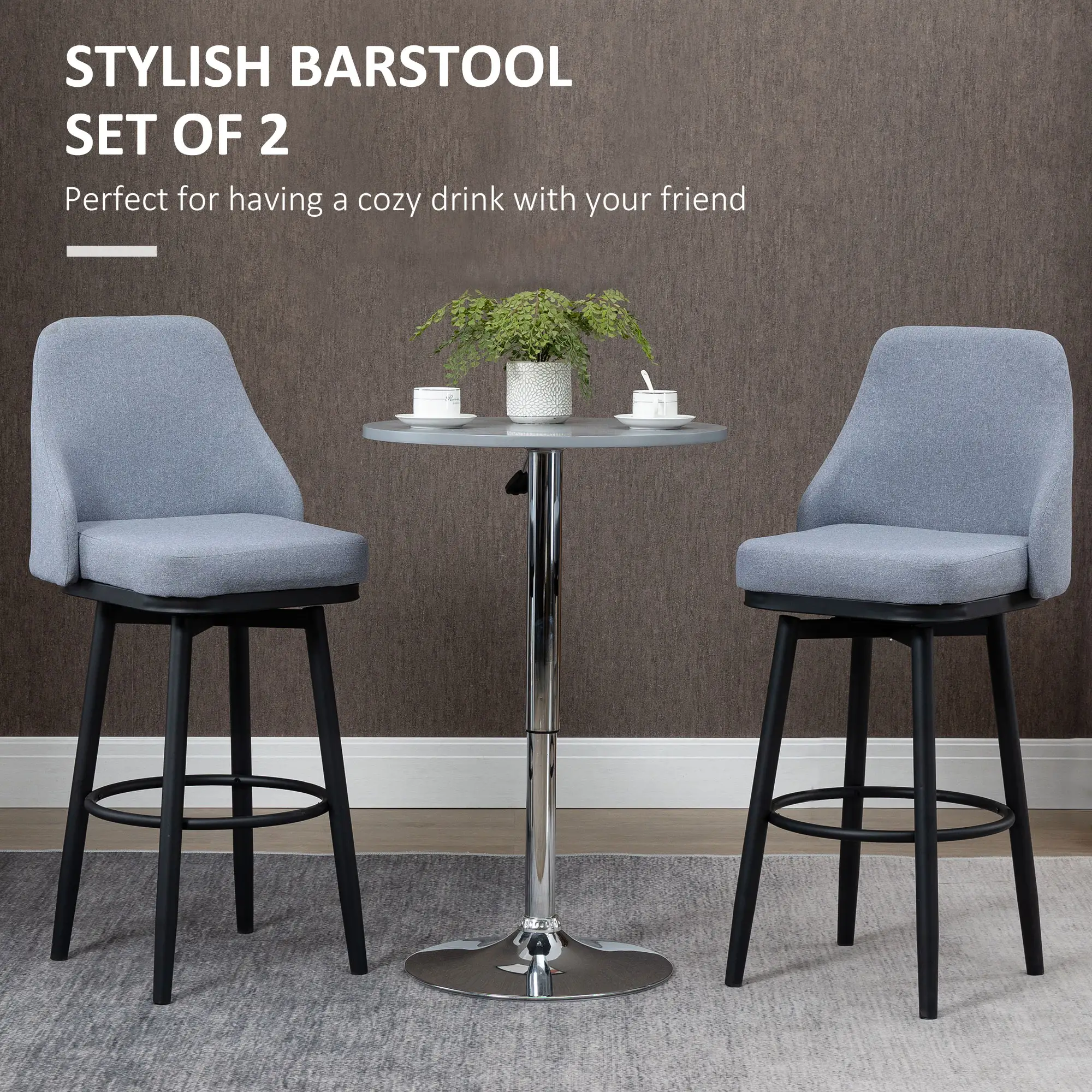 Extra Tall Bar Stools Set of 2, 360° Swivel, Steel Legs Footrest, Light Grey - Image 4