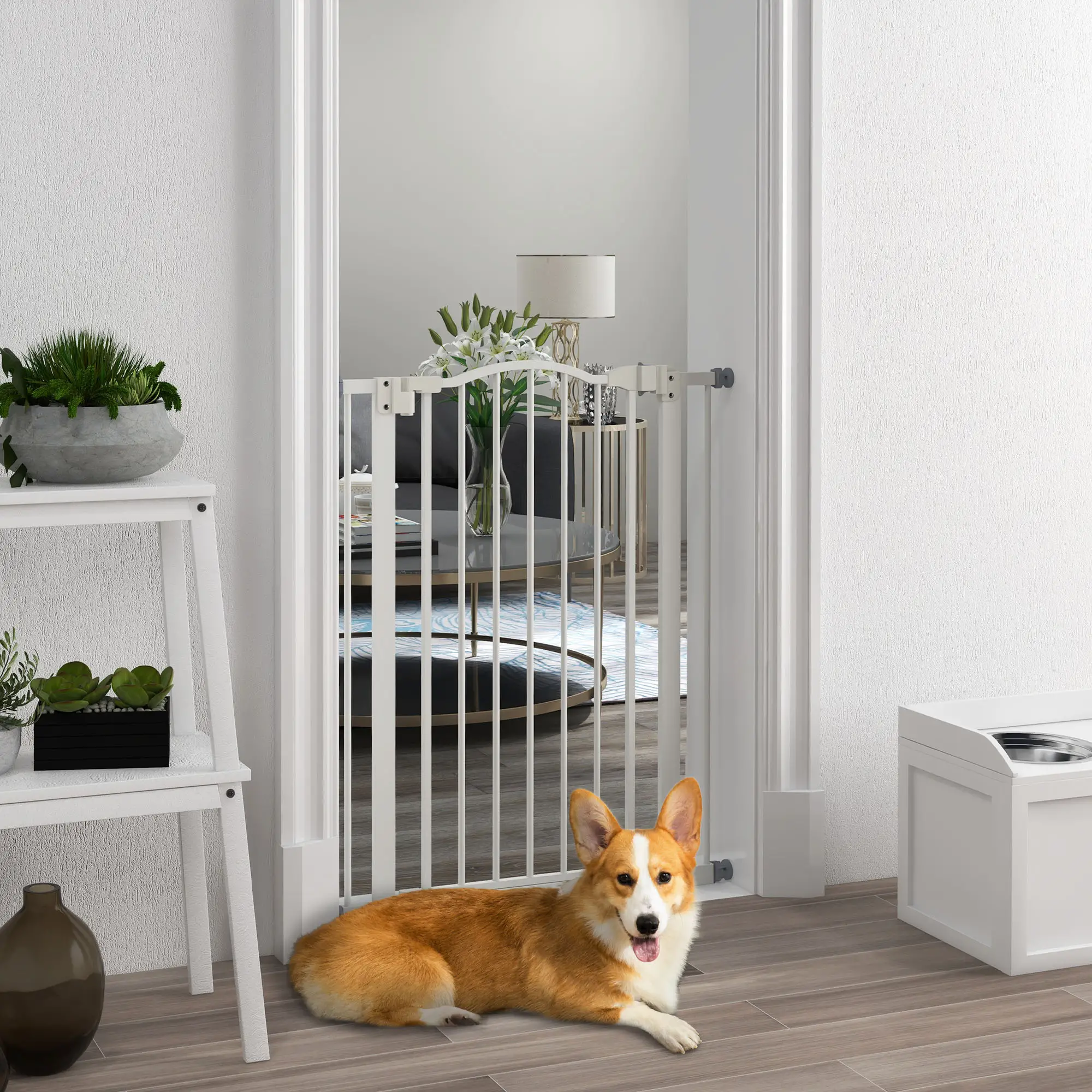 Extra Tall Dog Gate With Door, Pressure Fit, Auto Close, 29"-32", White - Image 2