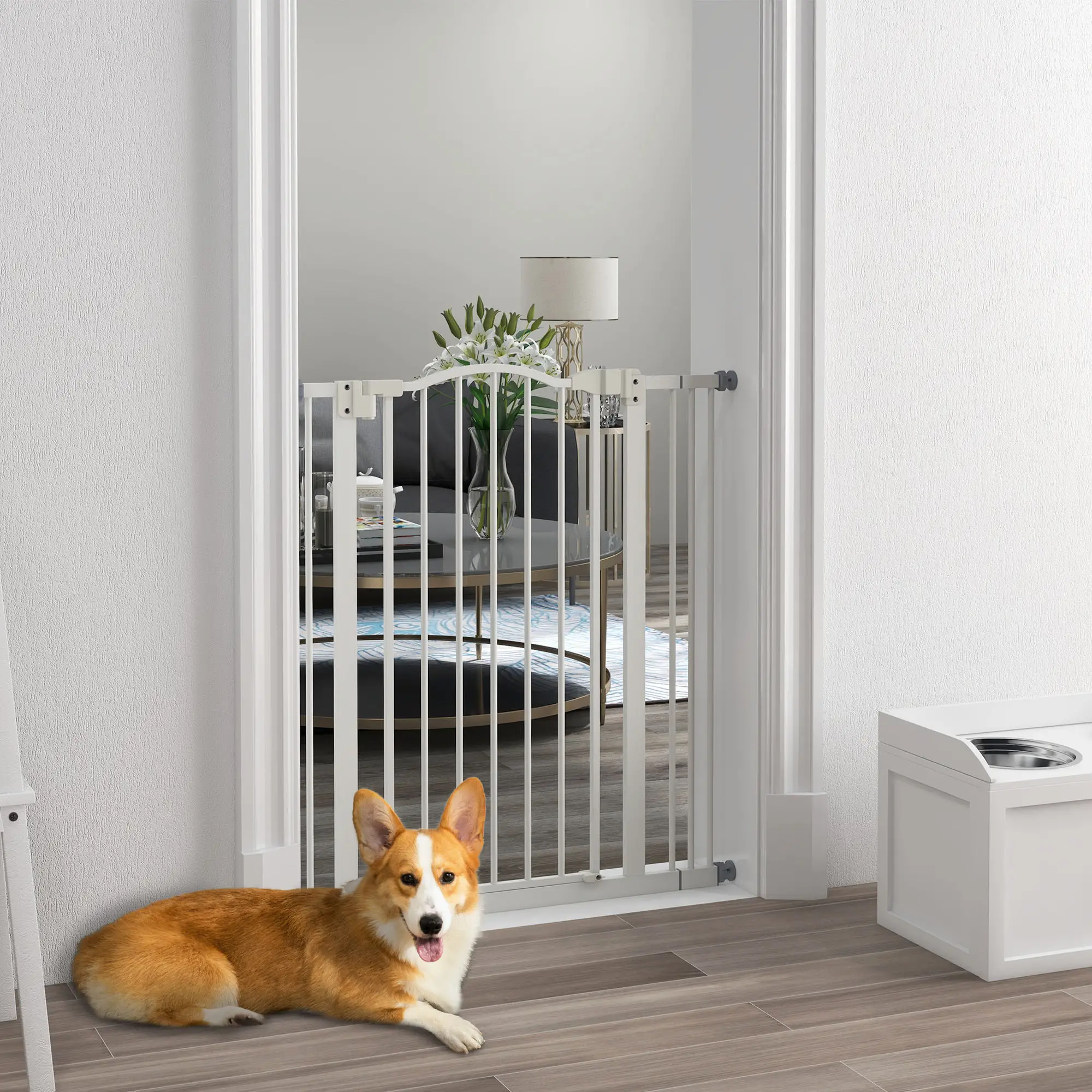 Extra Tall Dog Gate with Door, Pressure Fit, Auto Close, 29"-34", White - Image 2