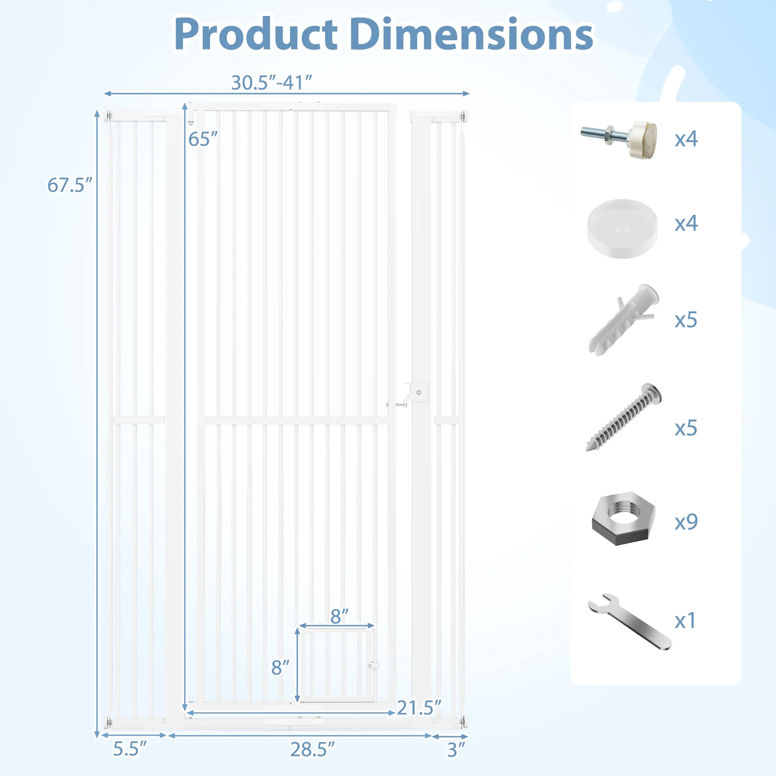 Extra Tall Pet Gate, 67.5" Metal Cat Gate, 30.5"-41" Wide Opening, White - Image 5