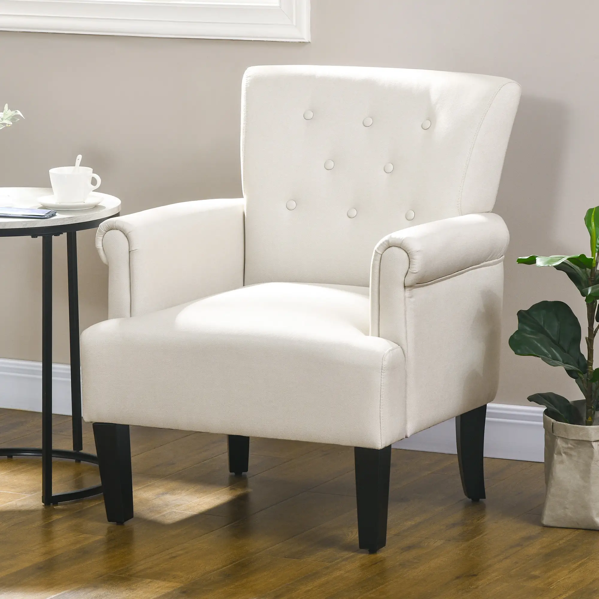 Fabric Accent Armchair, Modern Living Room Chair, Wood Legs, Cream White - Image 2