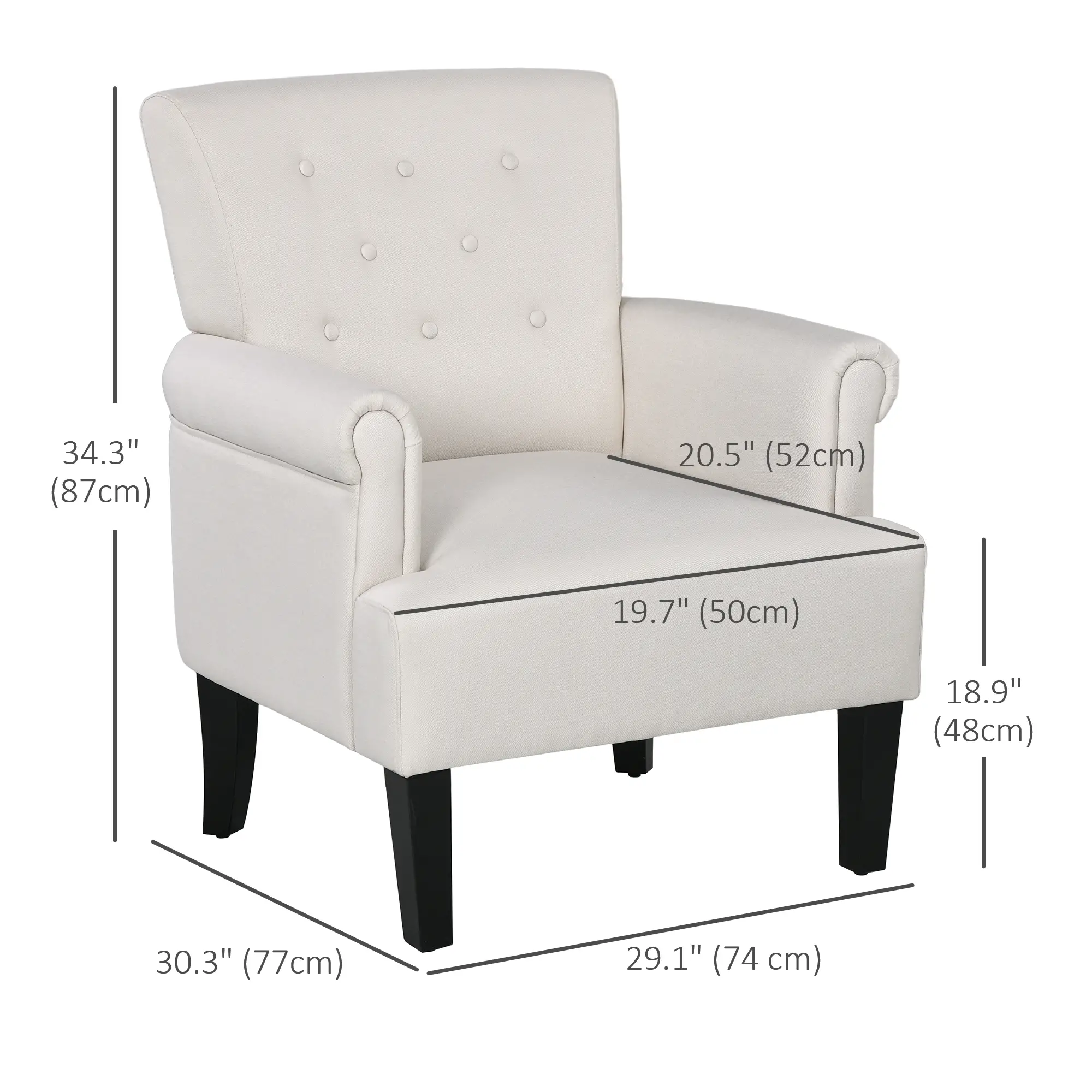 Fabric Accent Armchair, Modern Living Room Chair, Wood Legs, Cream White - Image 3