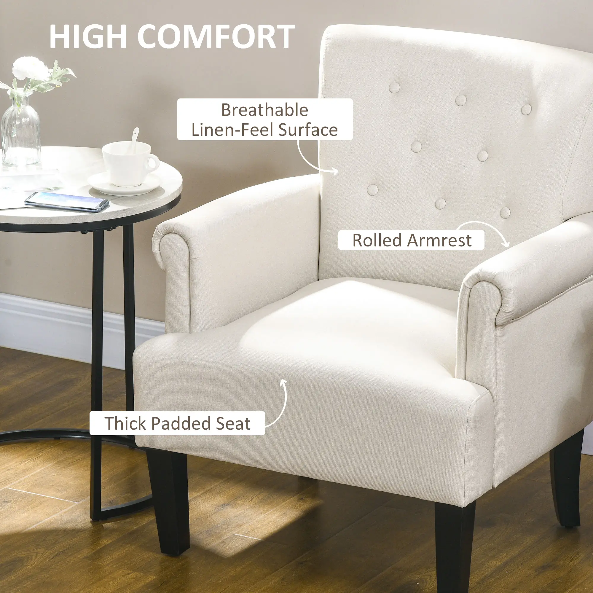 Fabric Accent Armchair, Modern Living Room Chair, Wood Legs, Cream White - Image 4