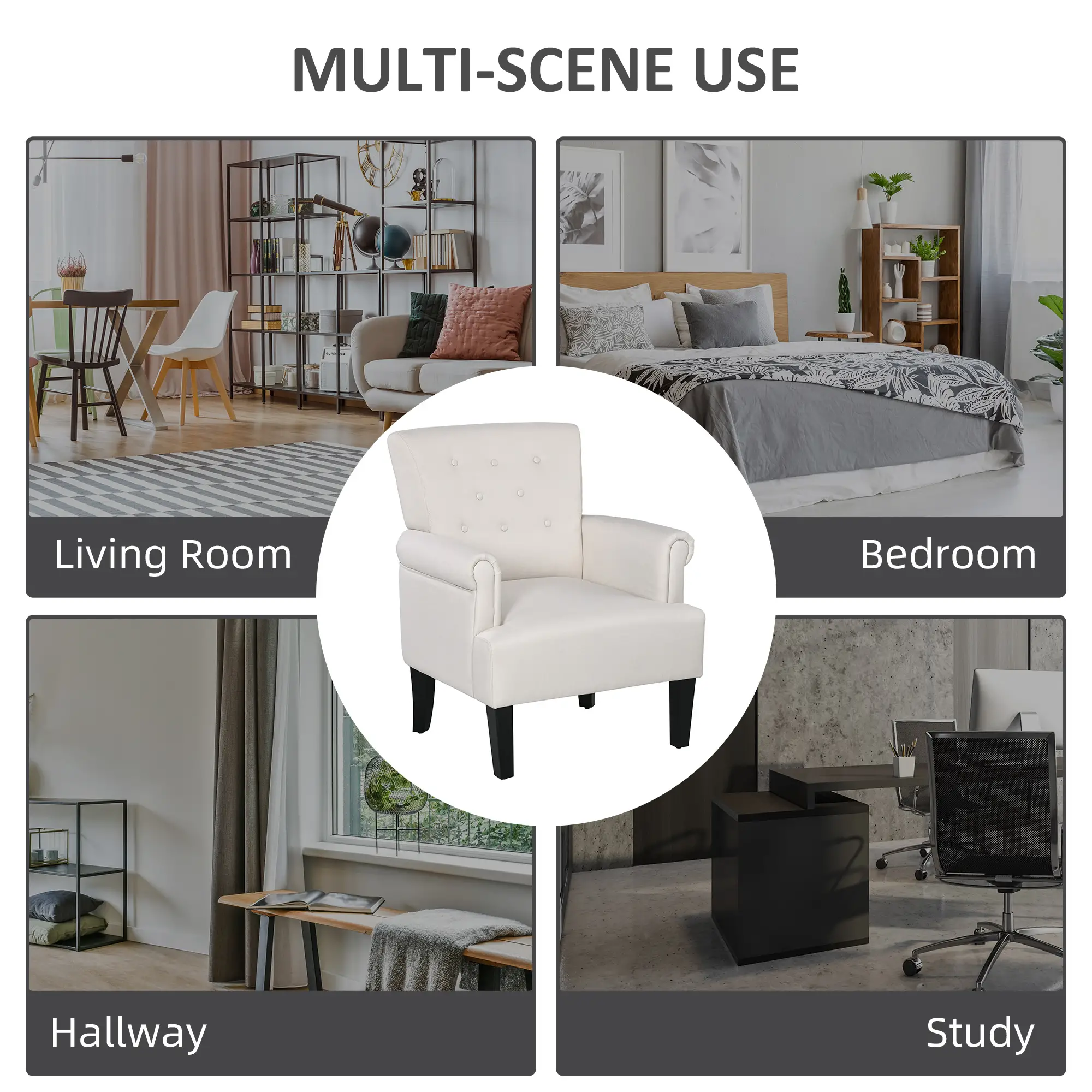 Fabric Accent Armchair, Modern Living Room Chair, Wood Legs, Cream White - Image 6