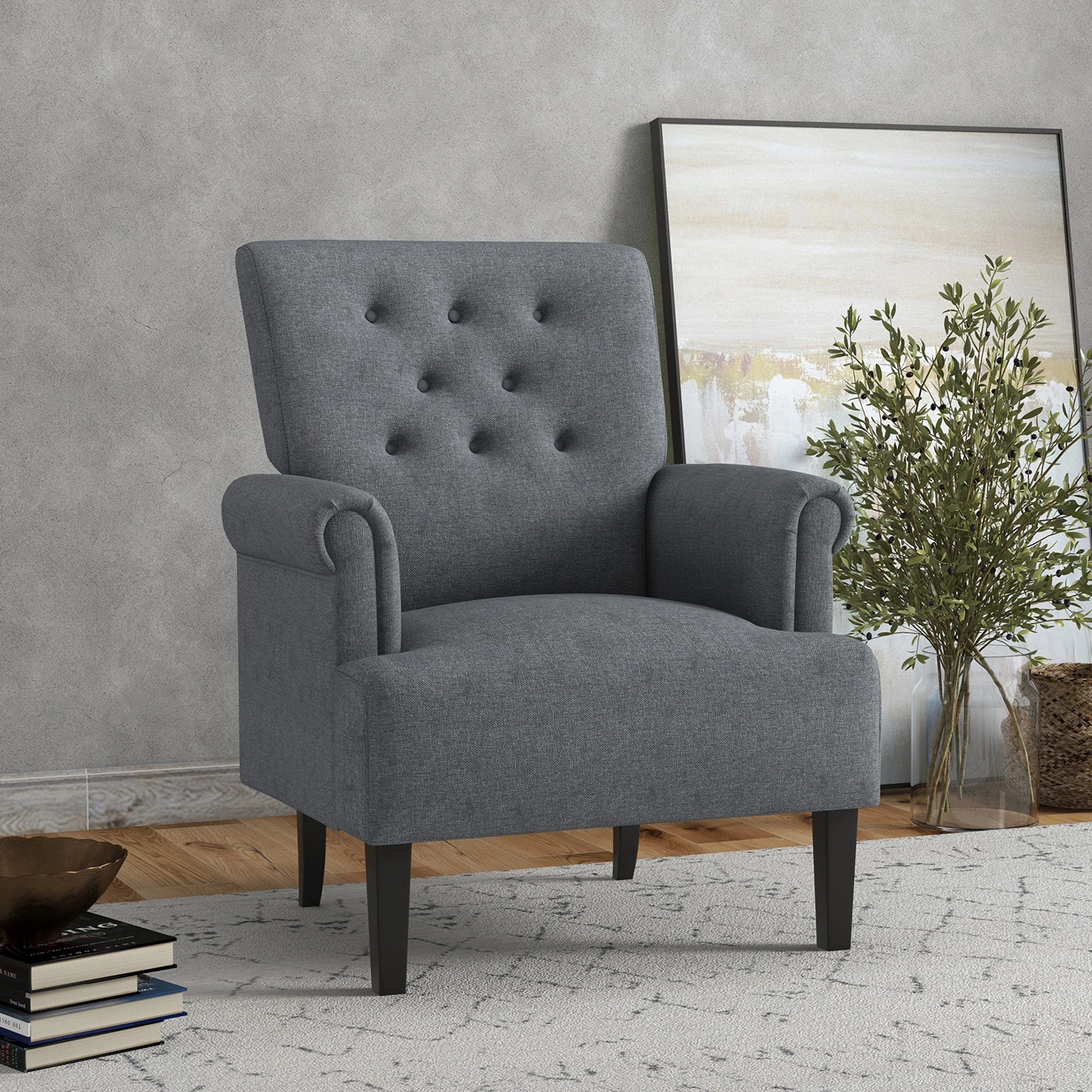 Fabric Accent Armchair, Modern Living Room Chair, Wood Legs, Grey - Image 2