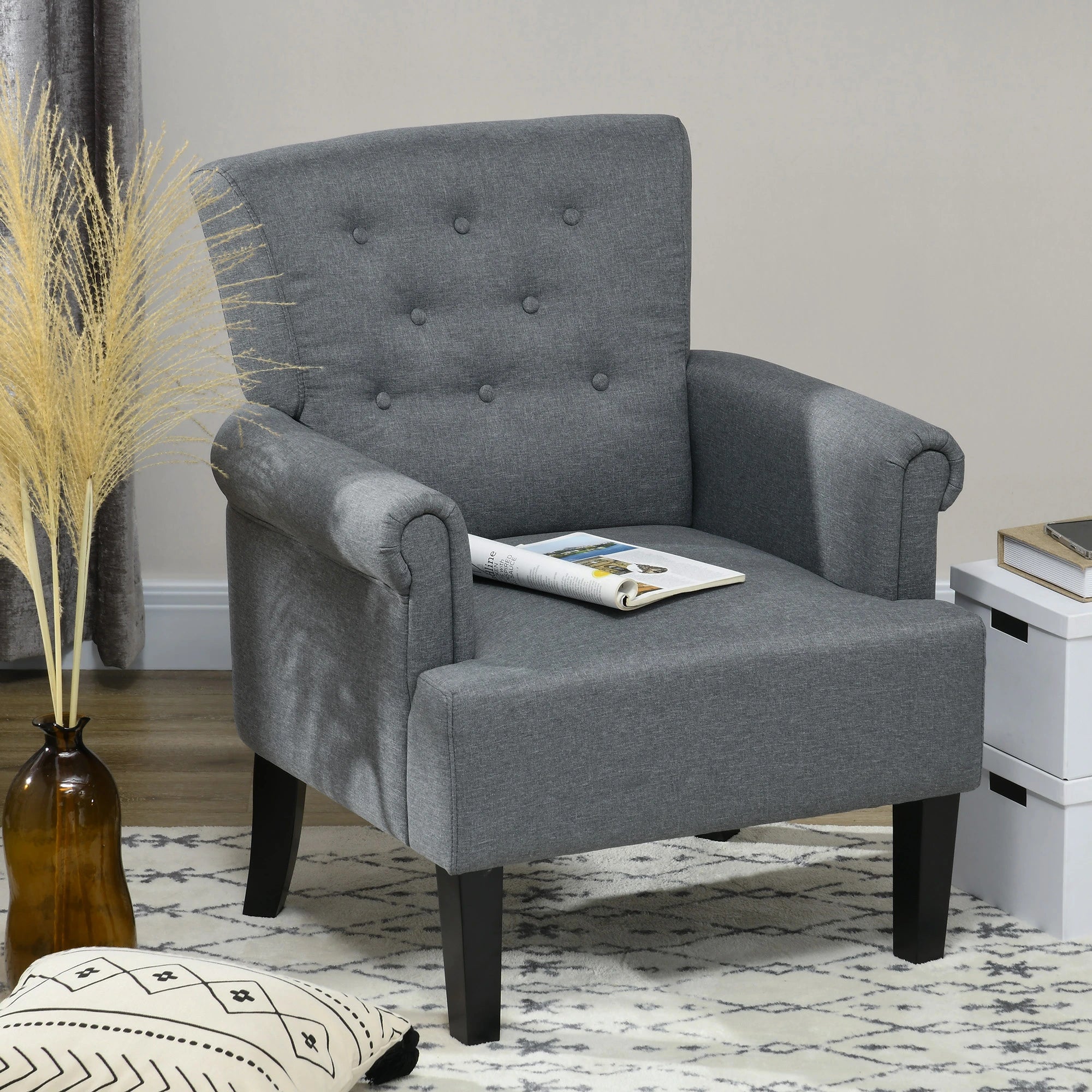 Fabric Accent Armchair, Modern Living Room Chair, Wood Legs, Grey - Image 7