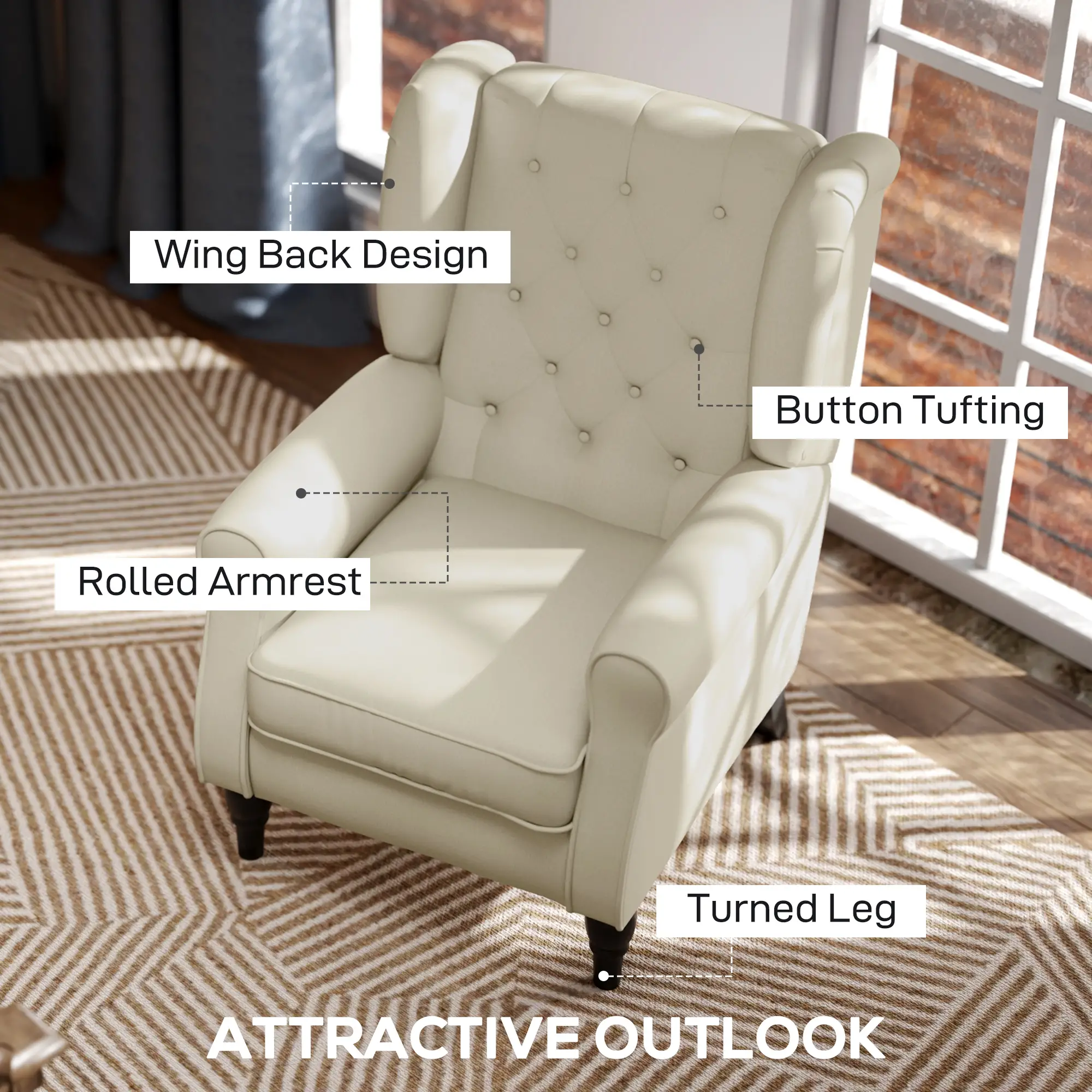 Fabric Accent Chair, Button Tufted Armchair, Upholstered Wingback Chair, White - Image 4