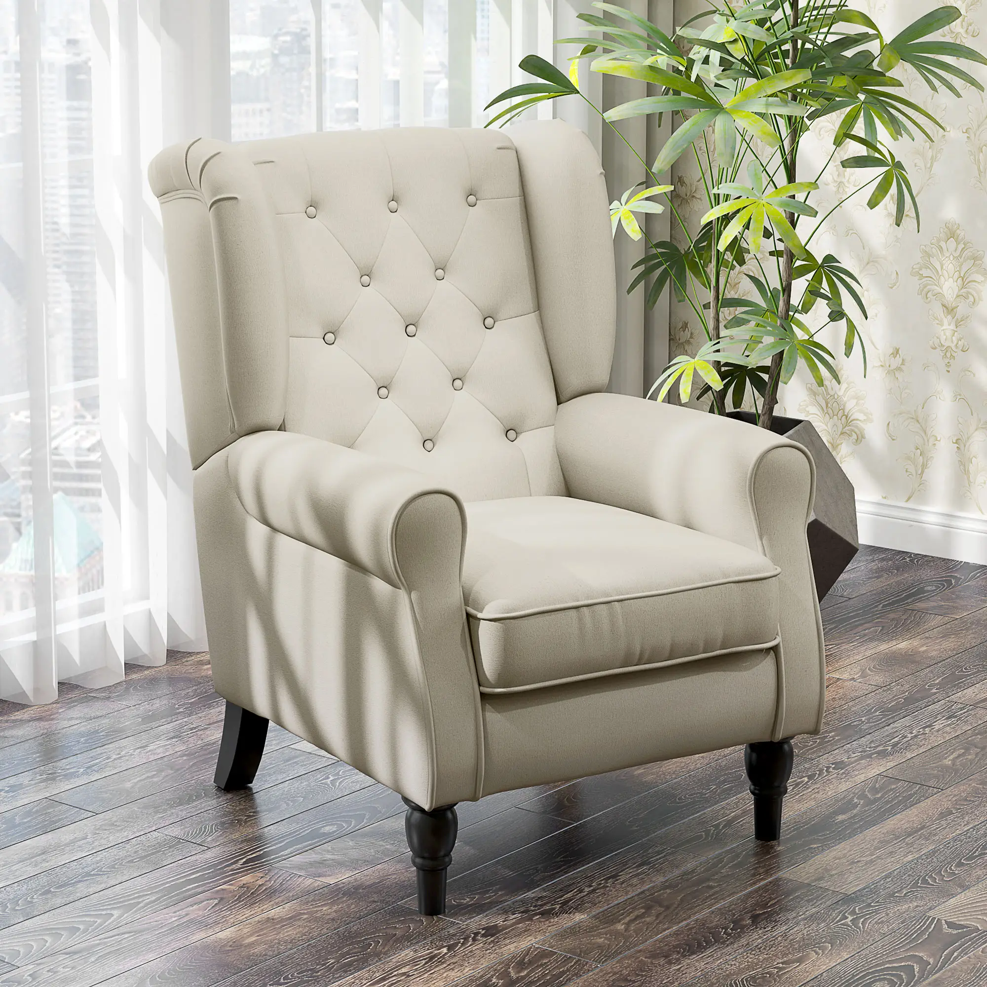 Fabric Accent Chair, Button Tufted Armchair, Upholstered Wingback Chair, White - Image 8