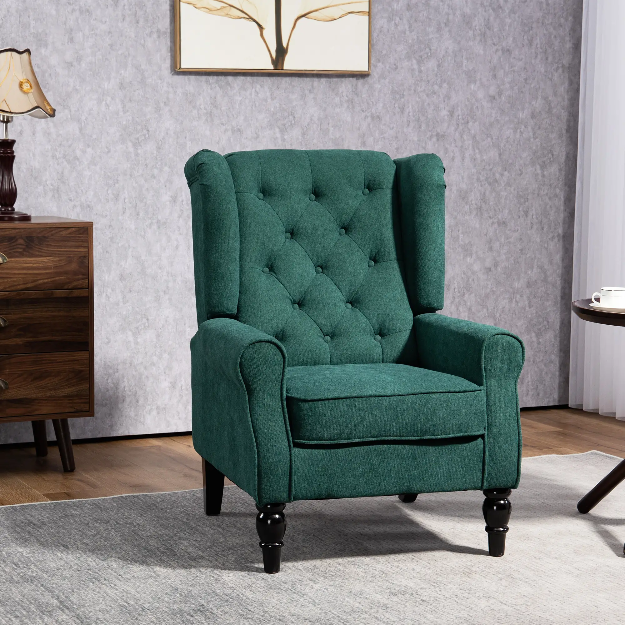 Fabric Accent Chair, Button Tufted, Wood Legs, Dark Green - Image 2