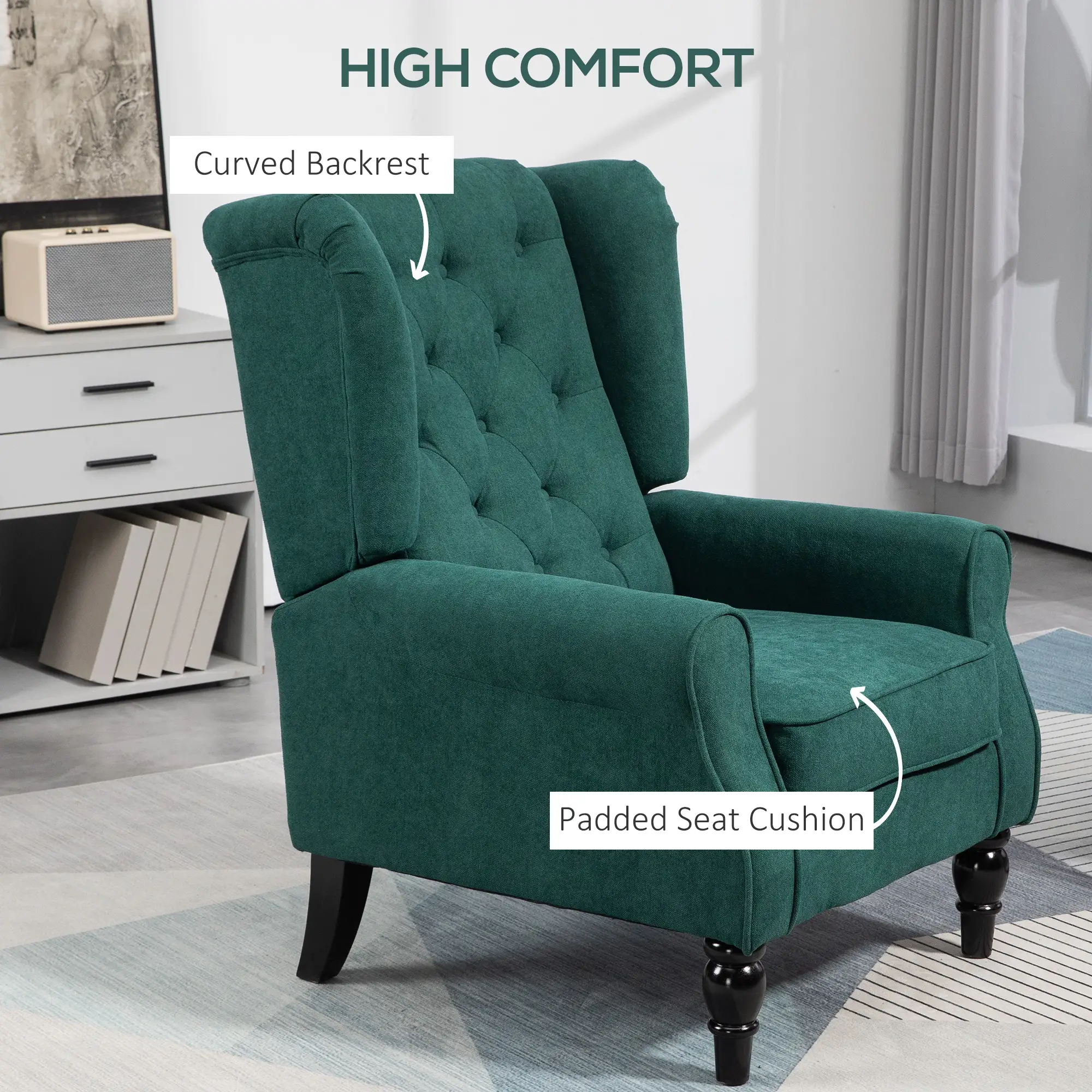 Fabric Accent Chair, Button Tufted, Wood Legs, Dark Green - Image 5