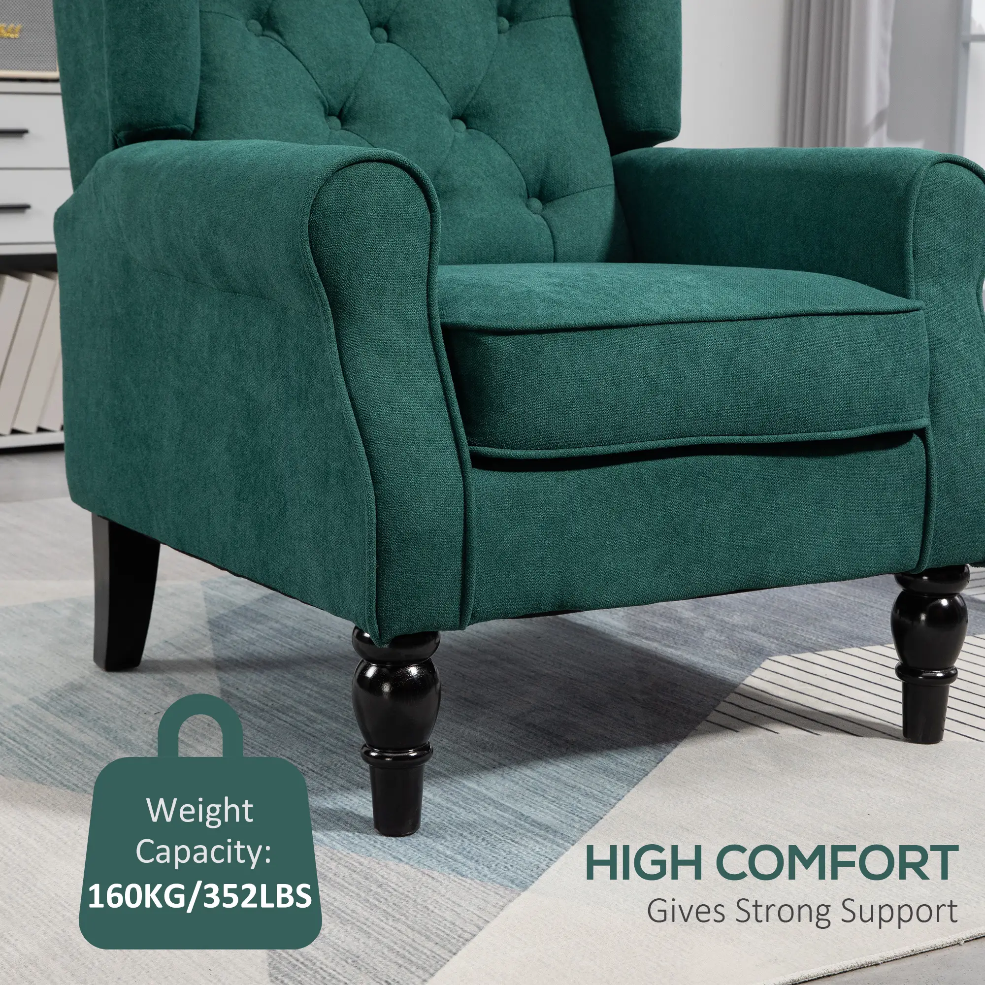 Fabric Accent Chair, Button Tufted, Wood Legs, Dark Green - Image 6