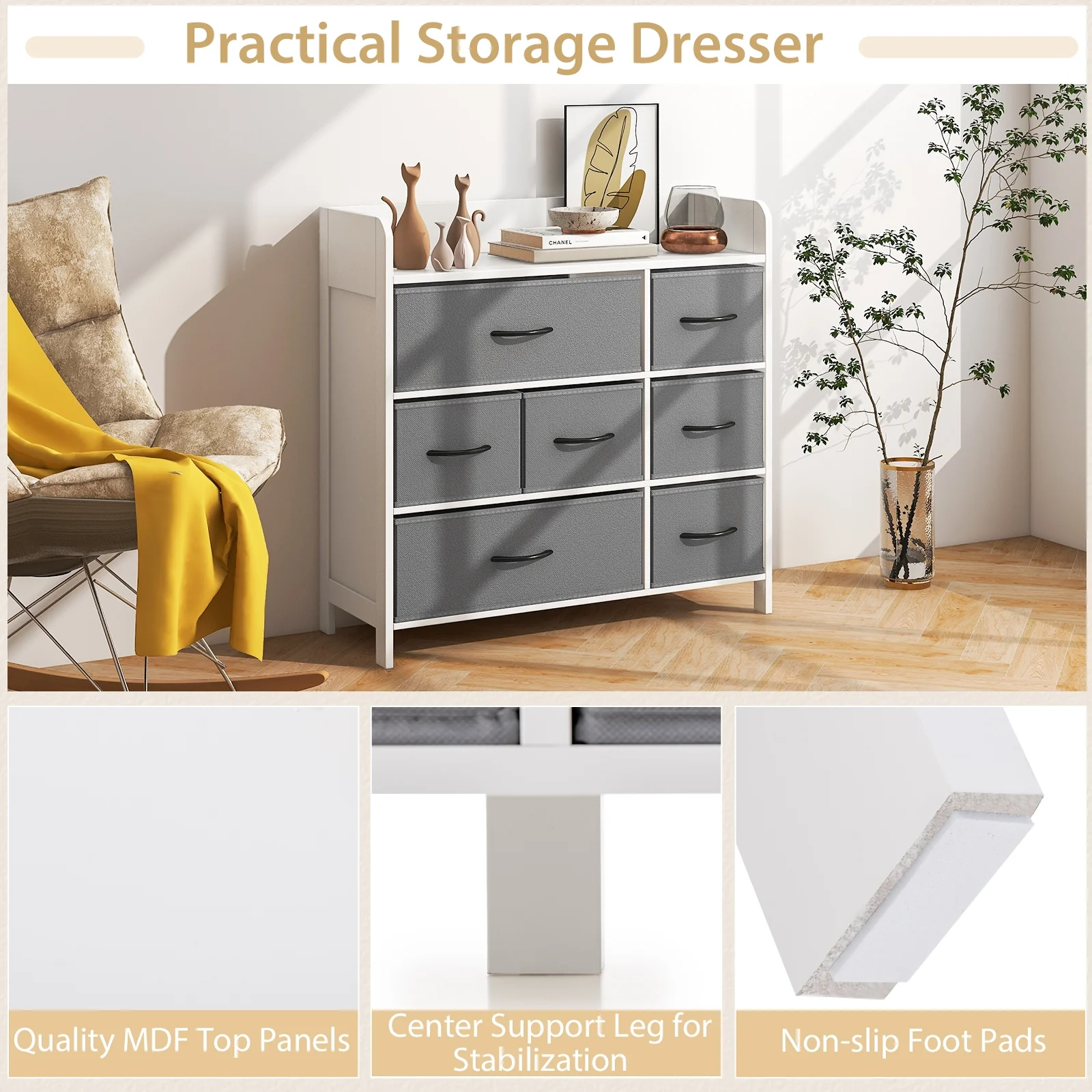 Fabric Dresser, 7 Drawers For Bedroom, White - Image 10