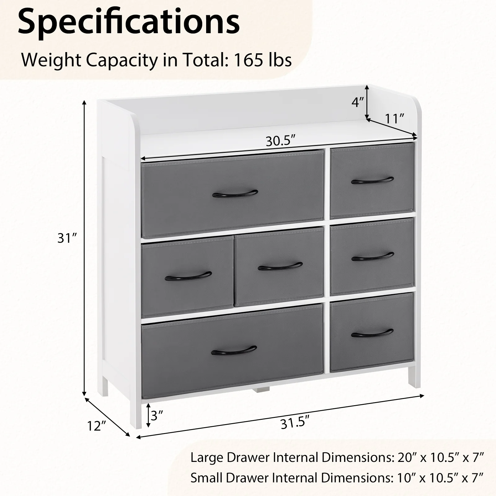 Fabric Dresser, 7 Drawers For Bedroom, White - Image 6
