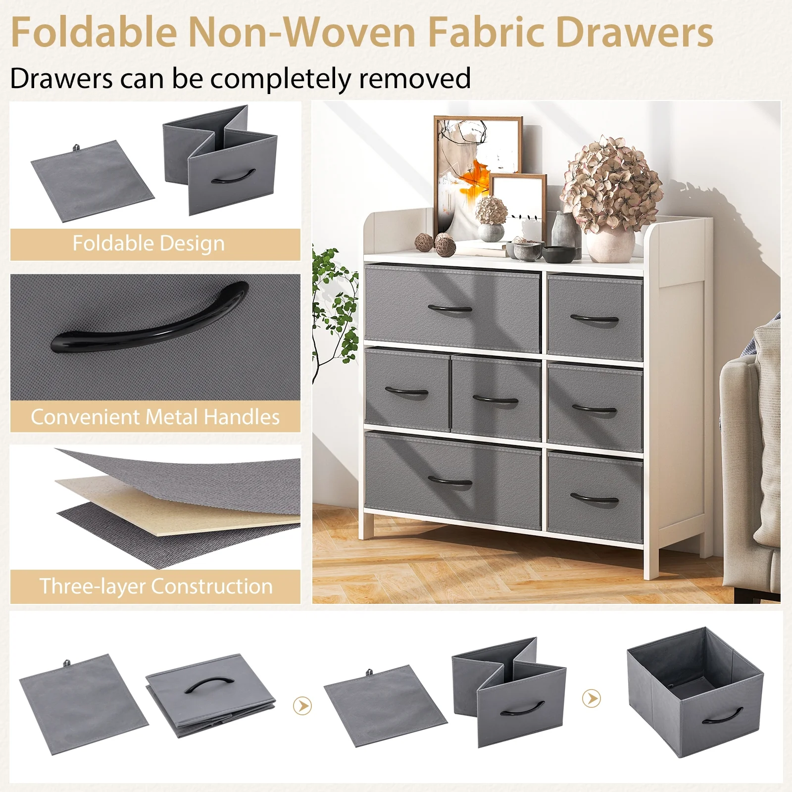 Fabric Dresser, 7 Drawers For Bedroom, White - Image 9