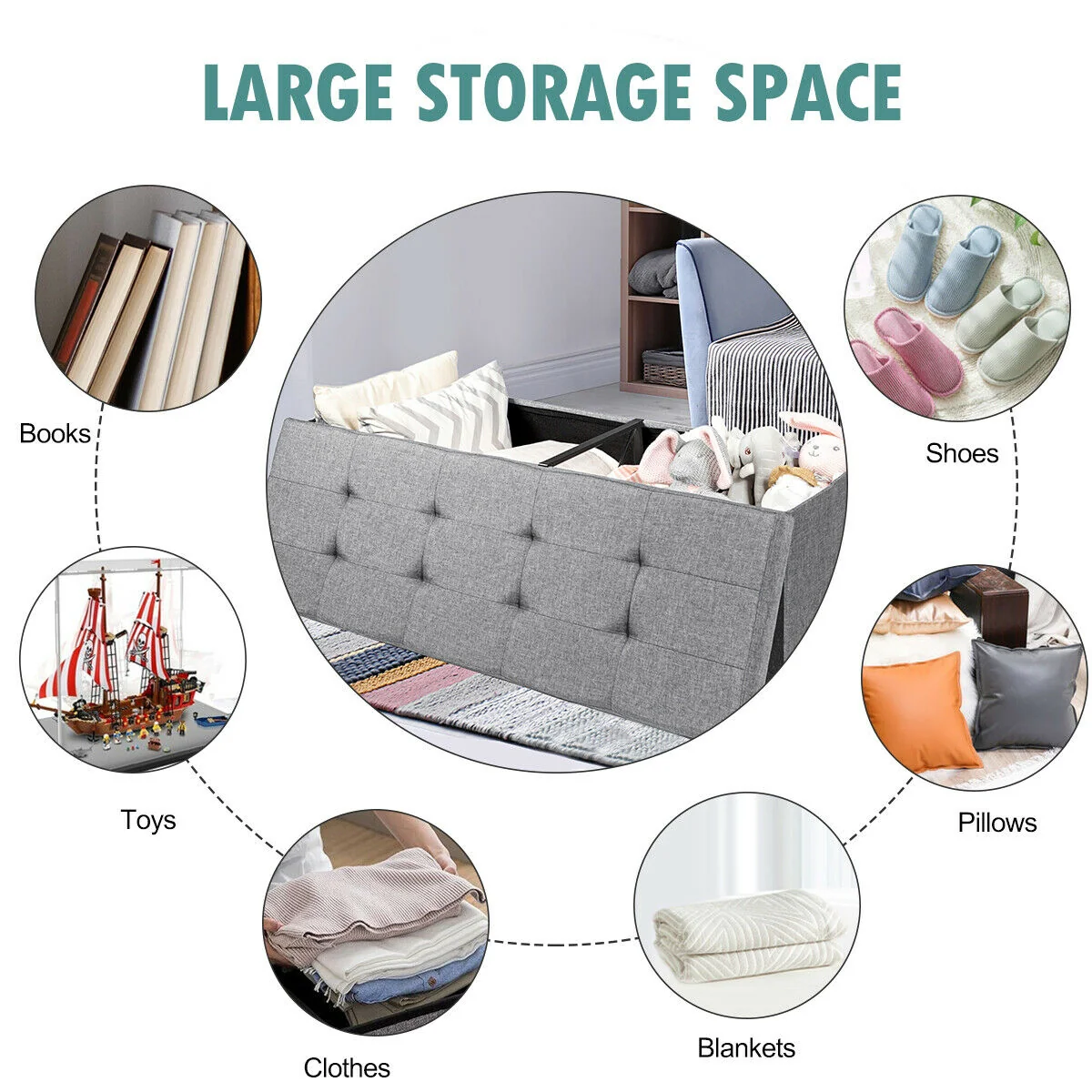Fabric Folding Storage Bed End Bench, Light Gray - Image 3