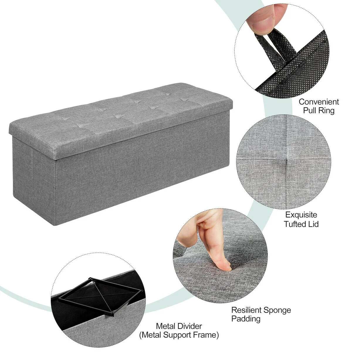 Fabric Folding Storage Bed End Bench, Light Gray - Image 6